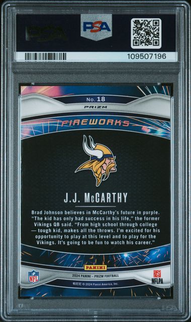 2024 Panini Prizm Fireworks Jj Mccarthy #18 (Fireworks-Green Wave) Mint 9 back