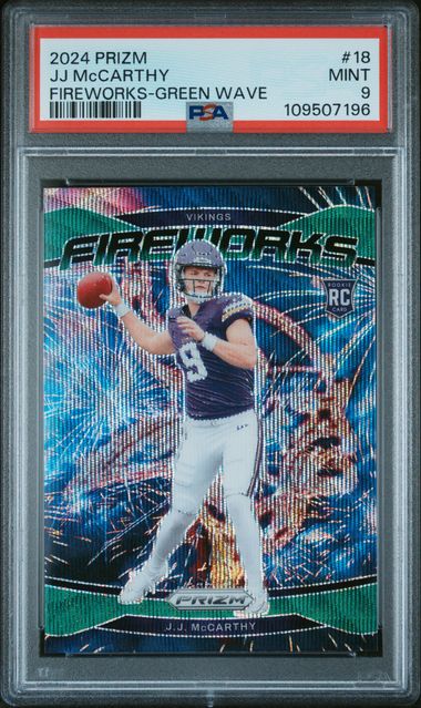 2024 Panini Prizm Fireworks Jj Mccarthy #18 (Fireworks-Green Wave) Mint 9 front