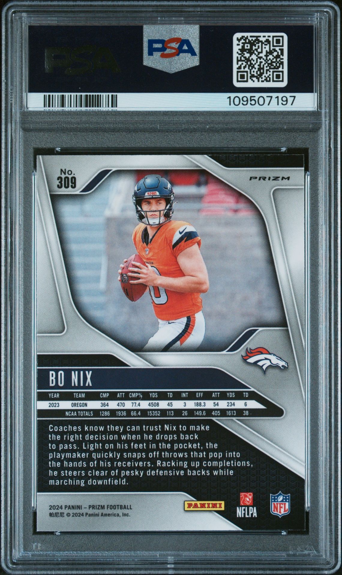 2024 Panini Prizm Bo Nix #309 (Pink Wave) Gem Mt 10 back