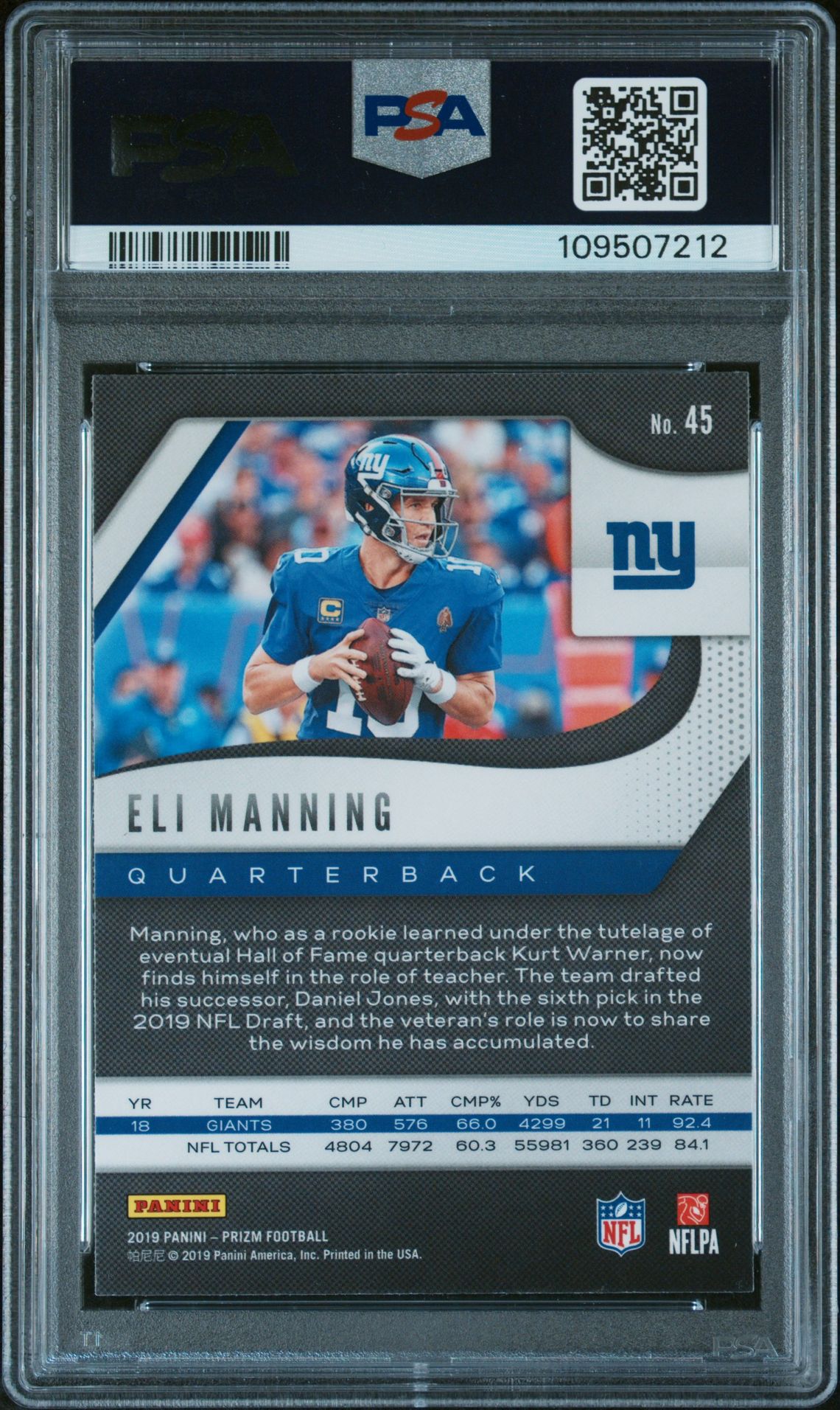 2019 Panini Prizm Eli Manning #45 Gem Mt 10 back