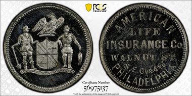 (1876) Token Pa-Ph 814 White Metal American Life Insurance Co. MS64