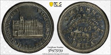 1876 Token Pa-Ph 803 White Metal J.W. Ahn's Confectionery MS63