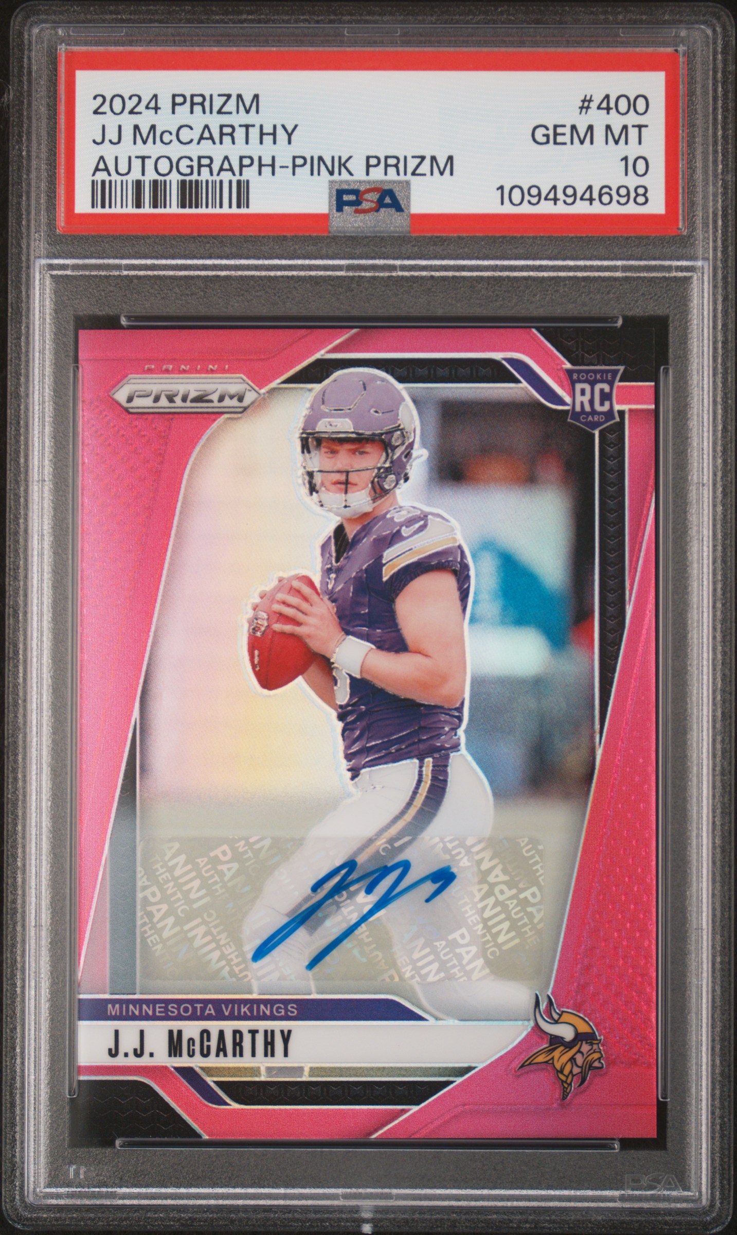 2024 Panini Prizm Jj Mccarthy #400 (Autograph-Pink Prizm) Gem Mt 10 front