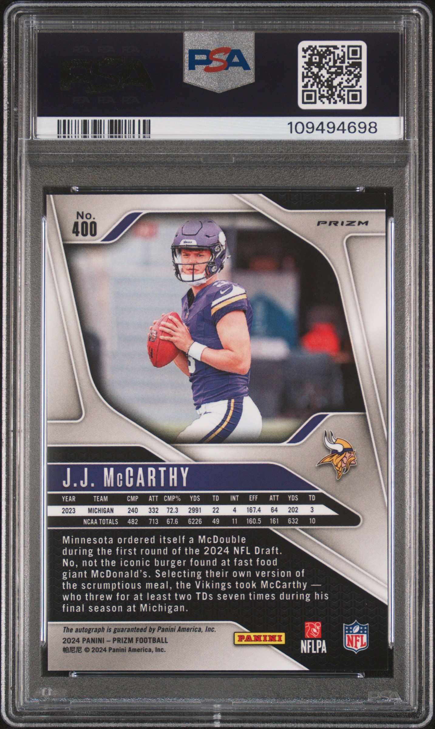 2024 Panini Prizm Jj Mccarthy #400 (Autograph-Pink Prizm) Gem Mt 10 back