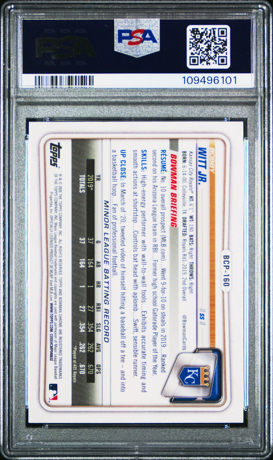 2020 Bowman Chrome Prospects Bobby Witt Jr. #Bcp160 (Prospects) Gem Mt 10 back