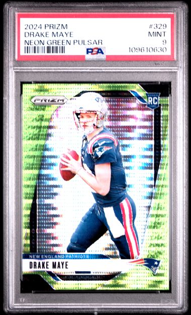 2024 Panini Prizm Drake Maye #329 (Neon Green Pulsar) Mint 9 front