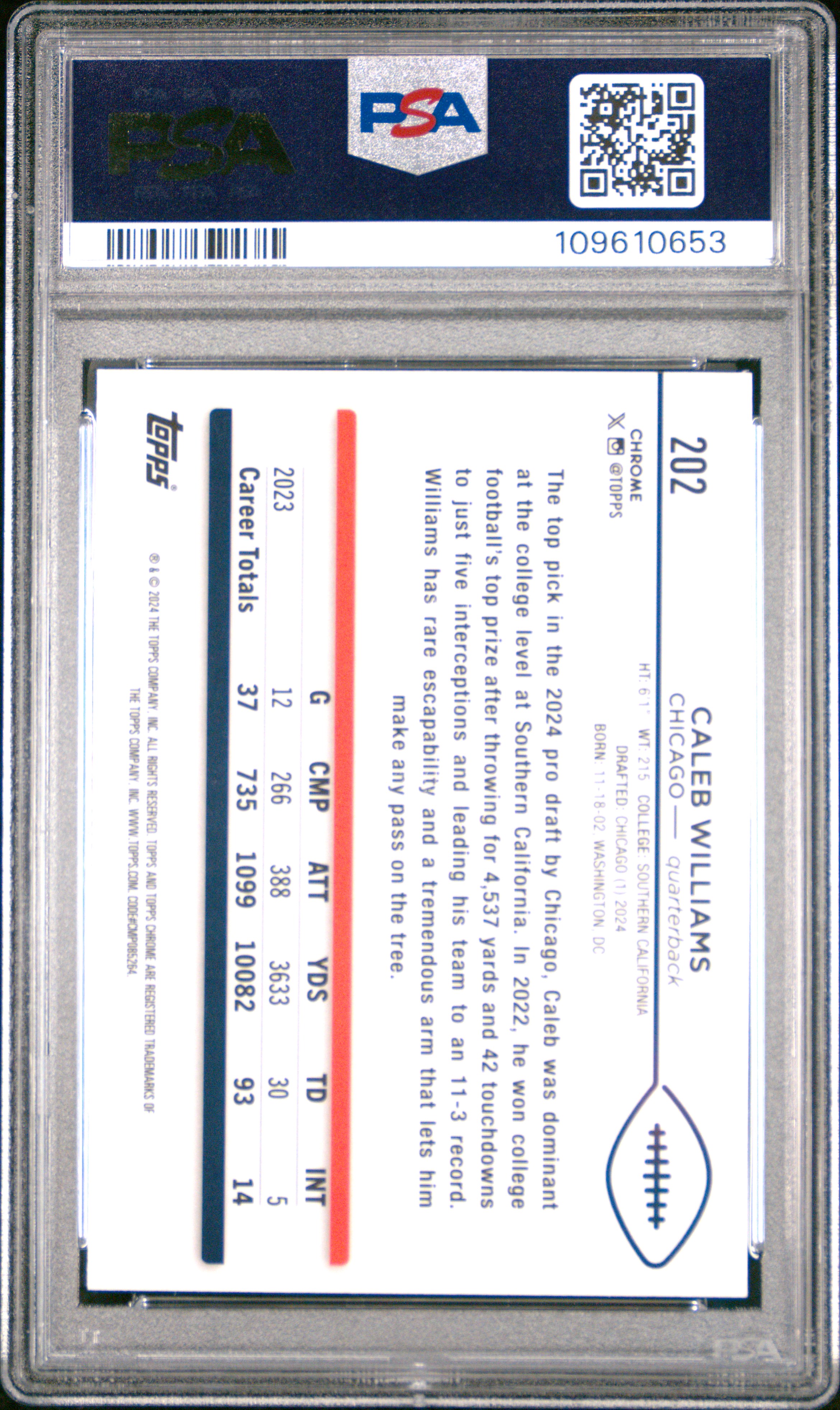 2024 Topps Chrome Caleb Williams #202 (X-Fractor) Gem Mt 10 front