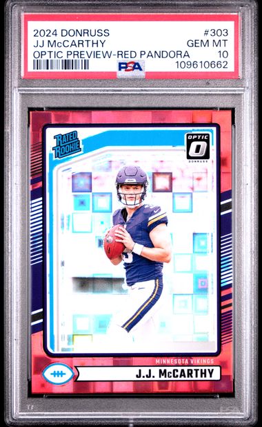 2024 Panini Donruss Jj Mccarthy #303 (Optic Preview-Red Pandora) Gem Mt 10 back