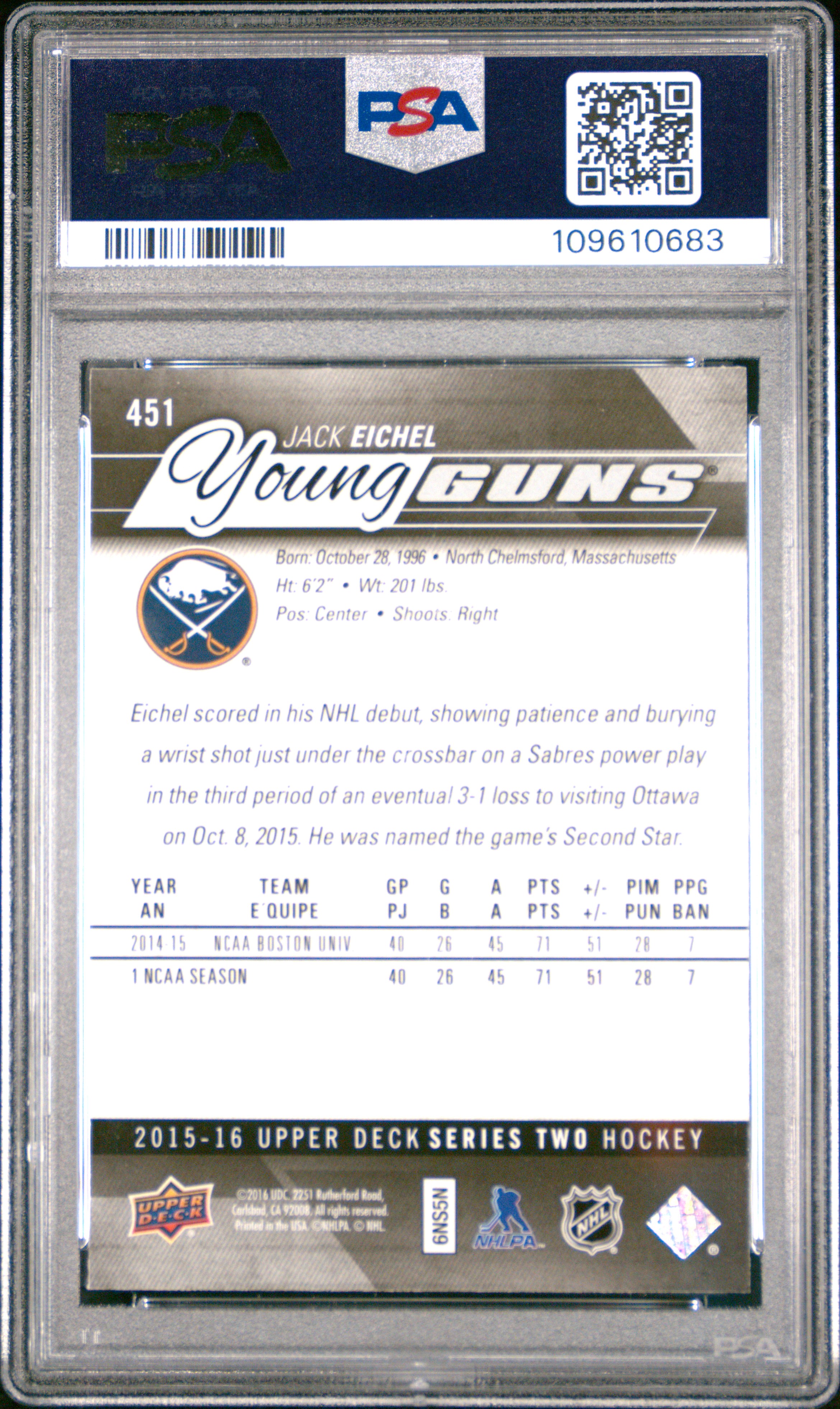 2015 Upper Deck Jack Eichel #451 Mint 9 front