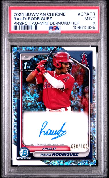 2024 Bowman Chrome Prospect Autographs Raudi Rodriguez #Cparr (Prspct Au-Mini Diamond Ref) Mint 9 front