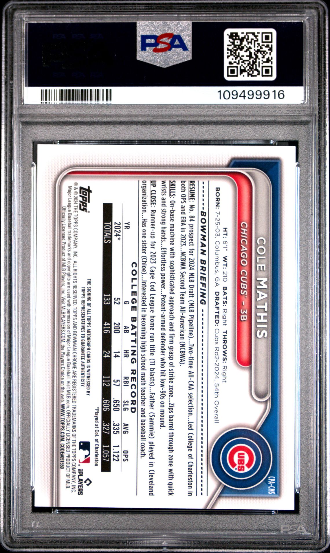 2024 Bowman Draft Chrome Prospect Autographs Cole Mathis #Cpacms Mint 9 back