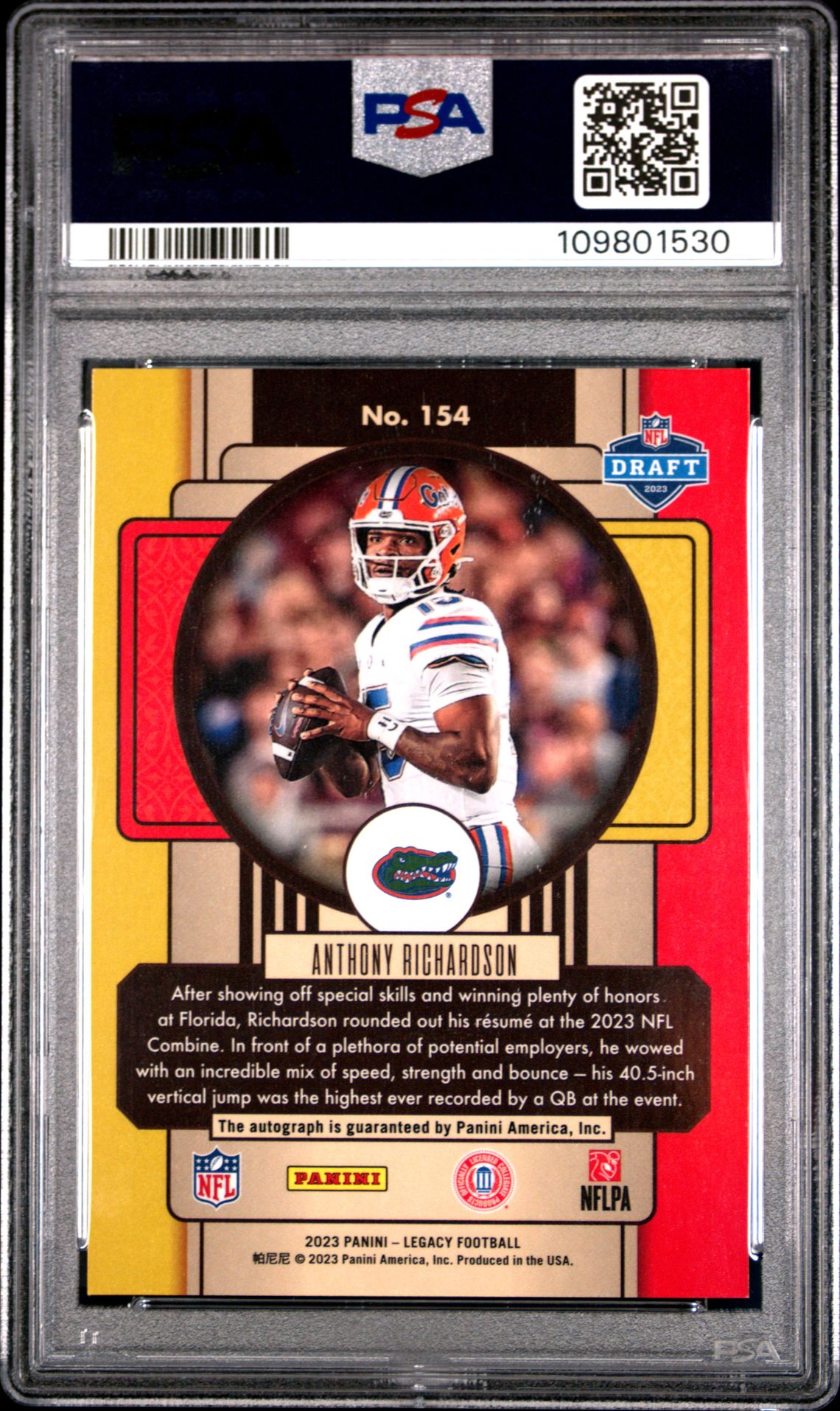 2023 Panini Legacy Anthony Richardson #154 (Premium Penmanship-Silver) Gem Mt 10 back