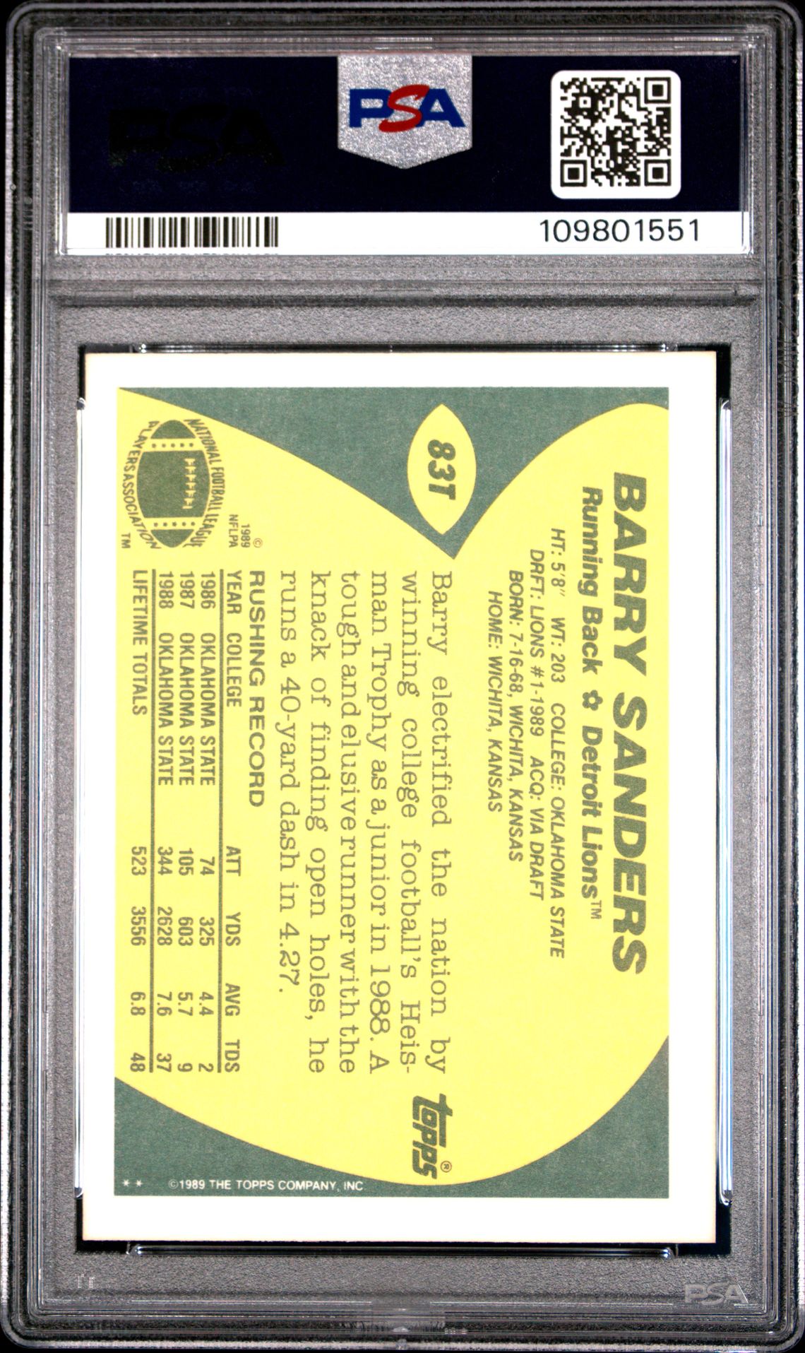 1989 Topps Traded Barry Sanders #83T Mint 9 back