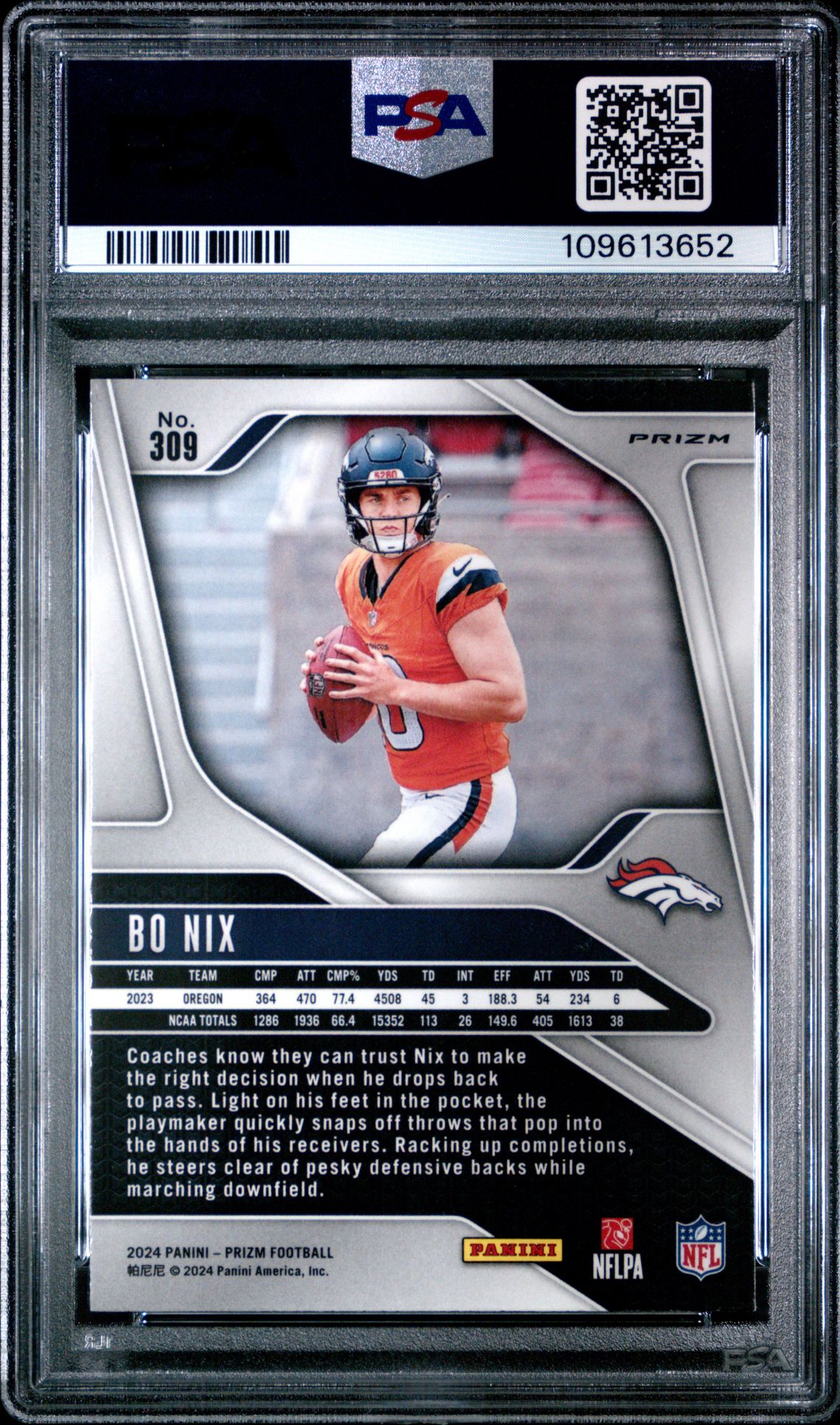 2024 Panini Prizm Bo Nix #309 (Silver Prizm) Gem Mt 10 back