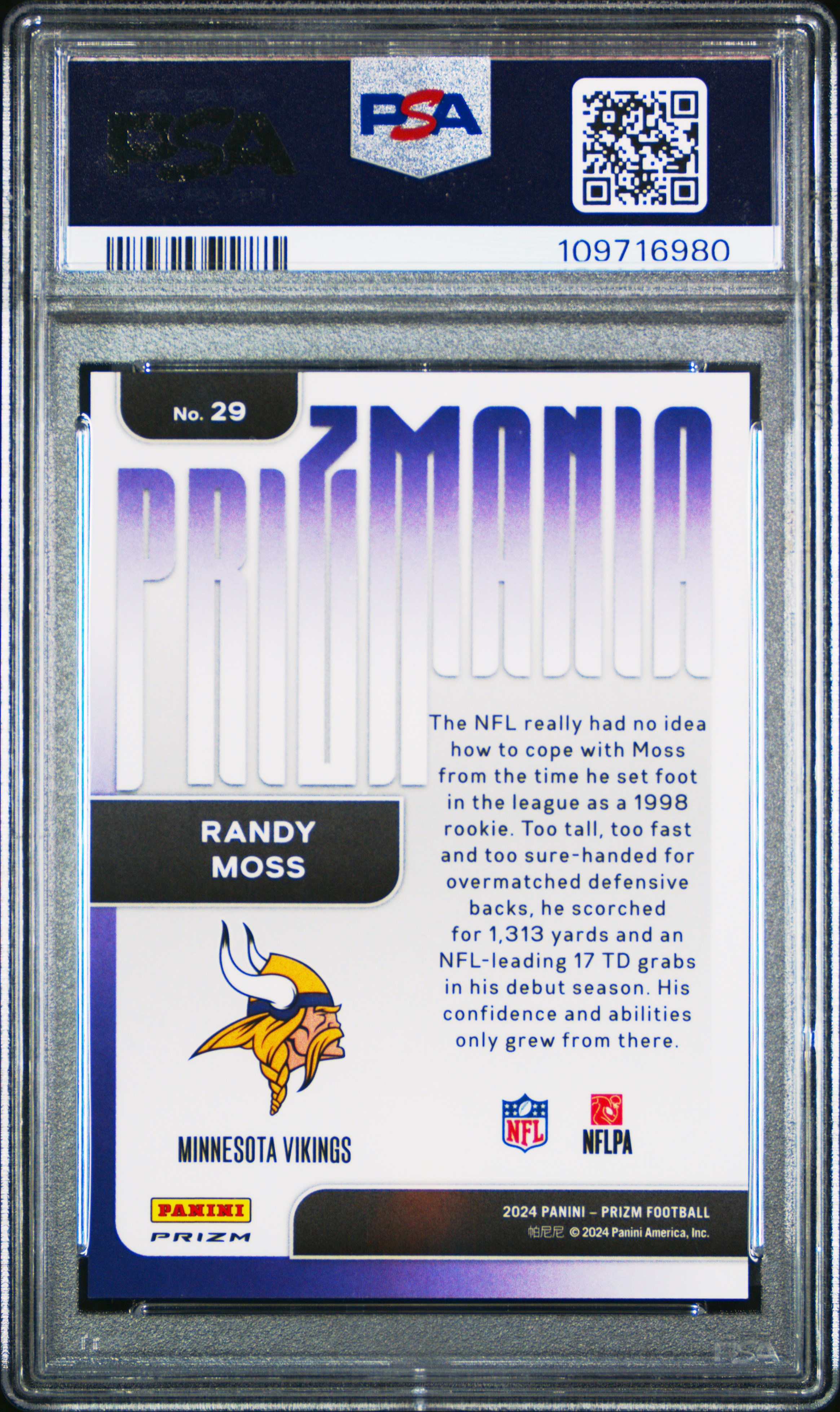 2024 Panini Prizm Prizmania Randy Moss #29 Gem Mt 10 front