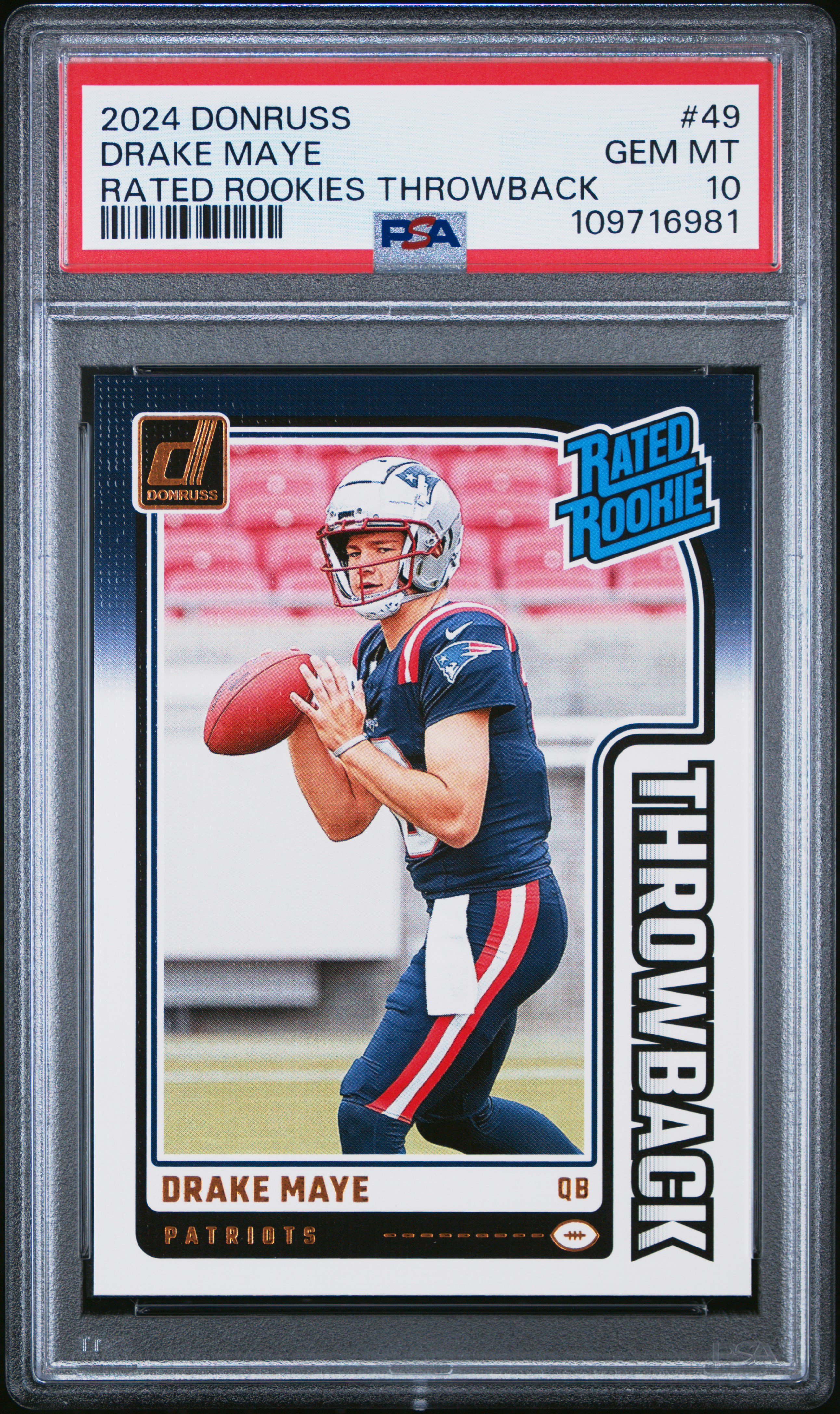 2024 Panini Donruss Rated Rookies Throwback Drake Maye #49 Gem Mt 10 back