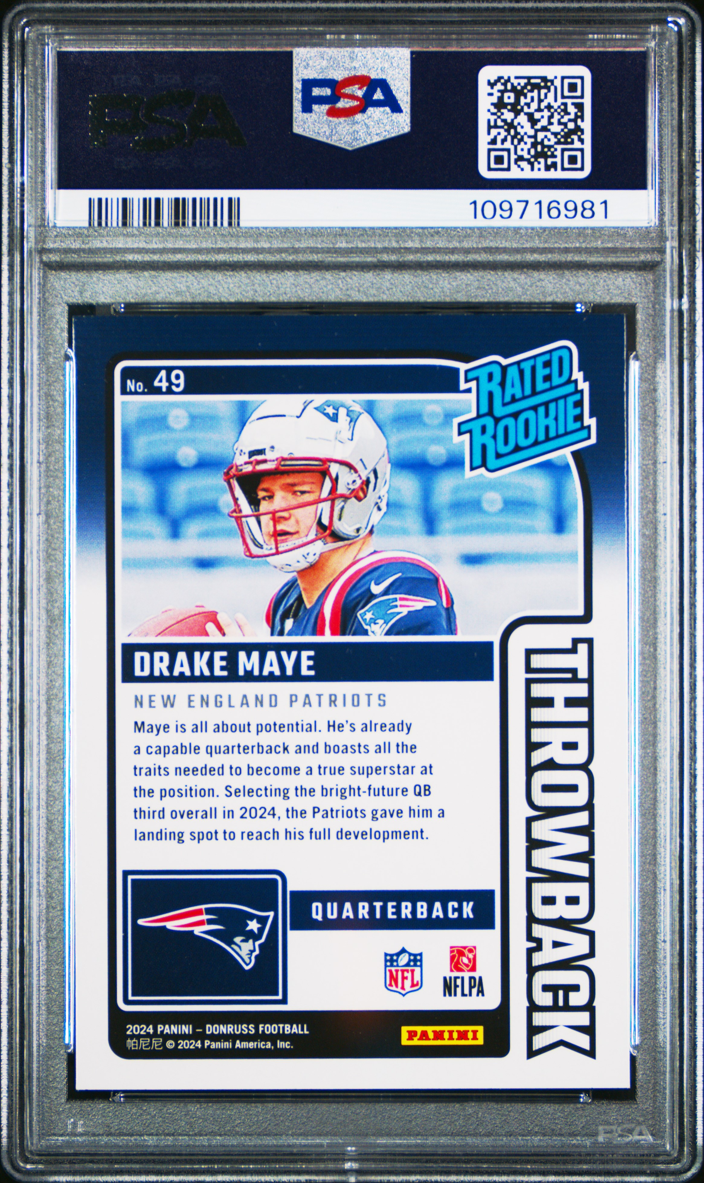 2024 Panini Donruss Rated Rookies Throwback Drake Maye #49 Gem Mt 10 front