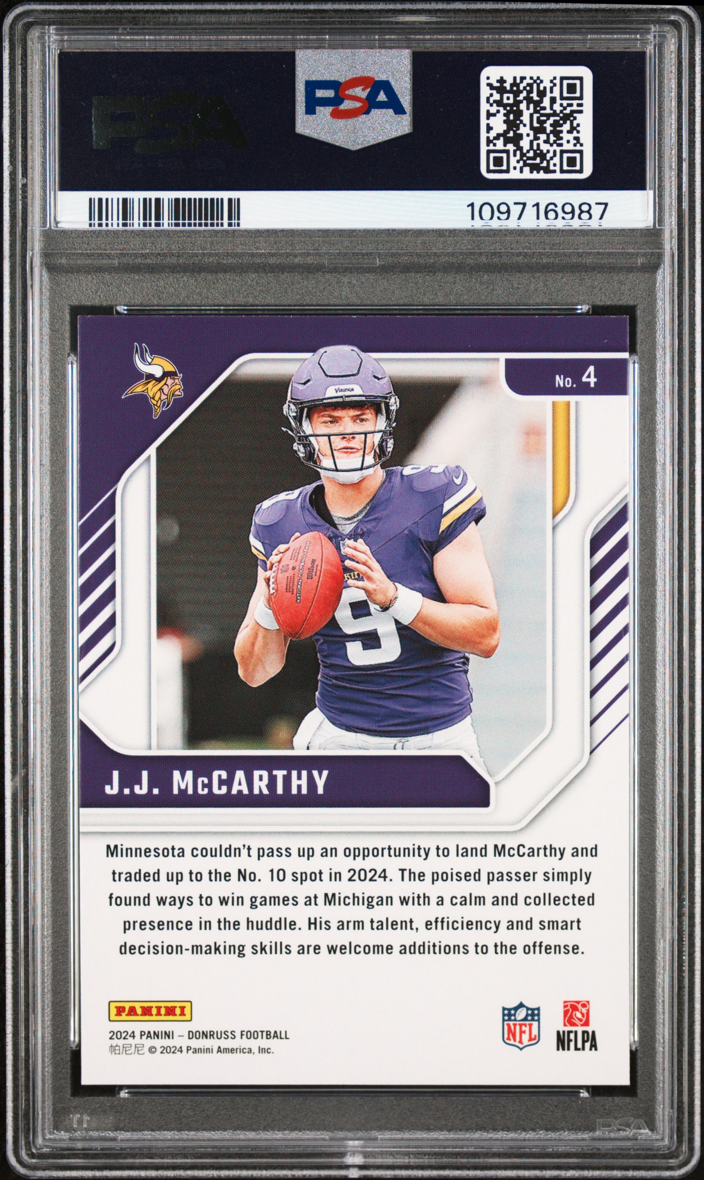 2024 Panini Donruss The Elite Series Rookies Jj Mccarthy #4 Gem Mt 10 front
