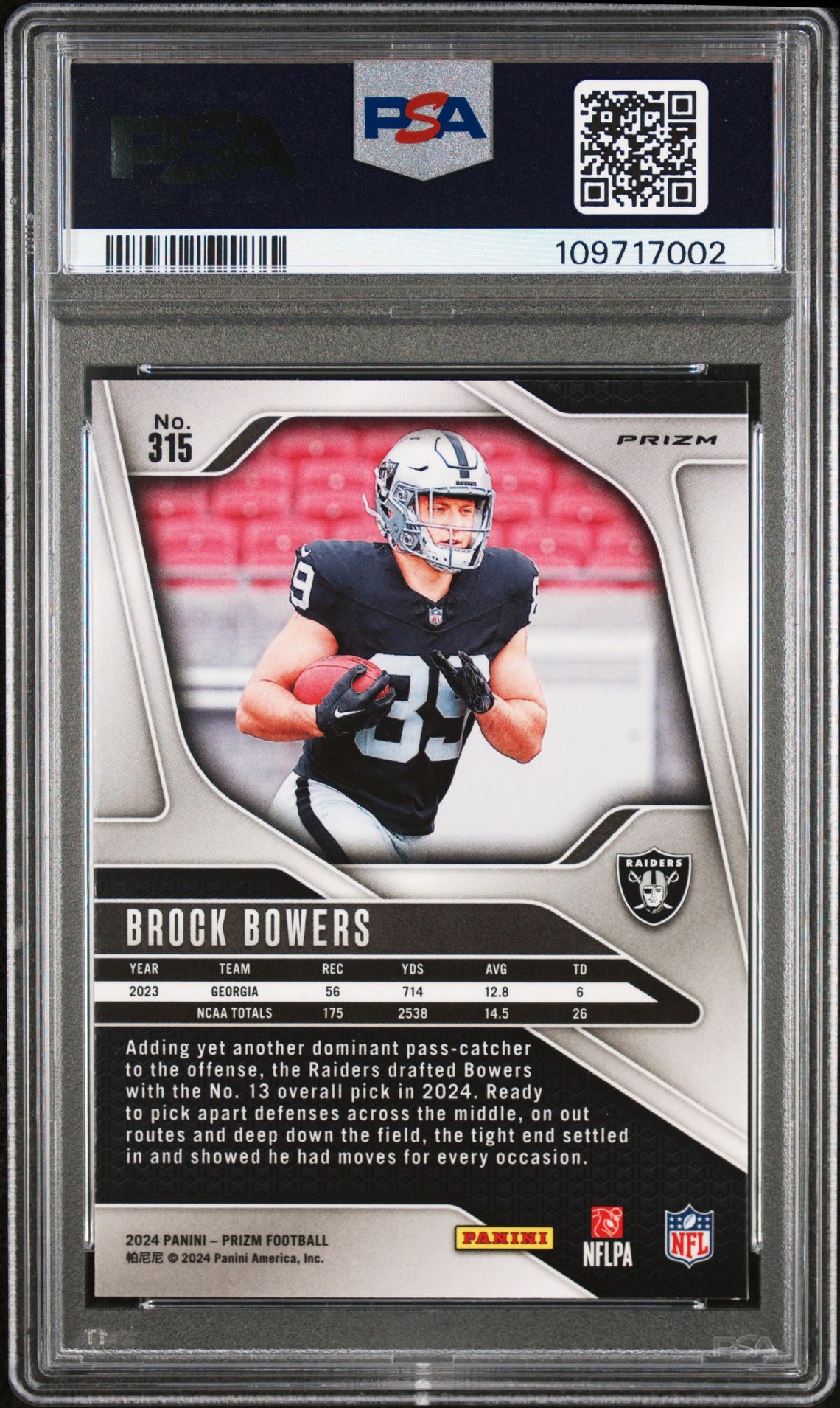 2024 Panini Prizm Brock Bowers #315 (Red/White/Blue Prizm) Mint 9 back