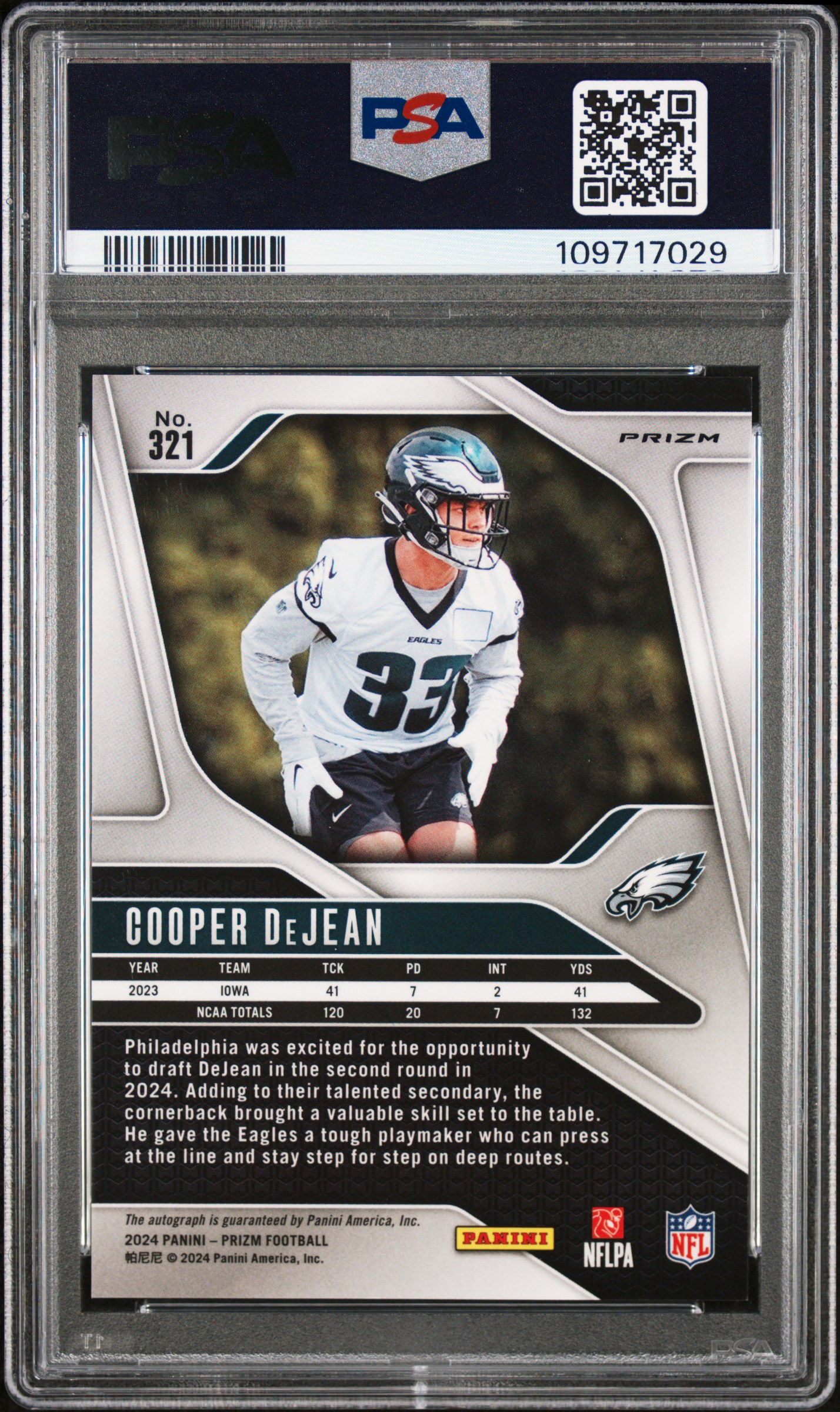 2024 Panini Prizm Cooper Dejean #321 (Autograph) Gem Mt 10 front