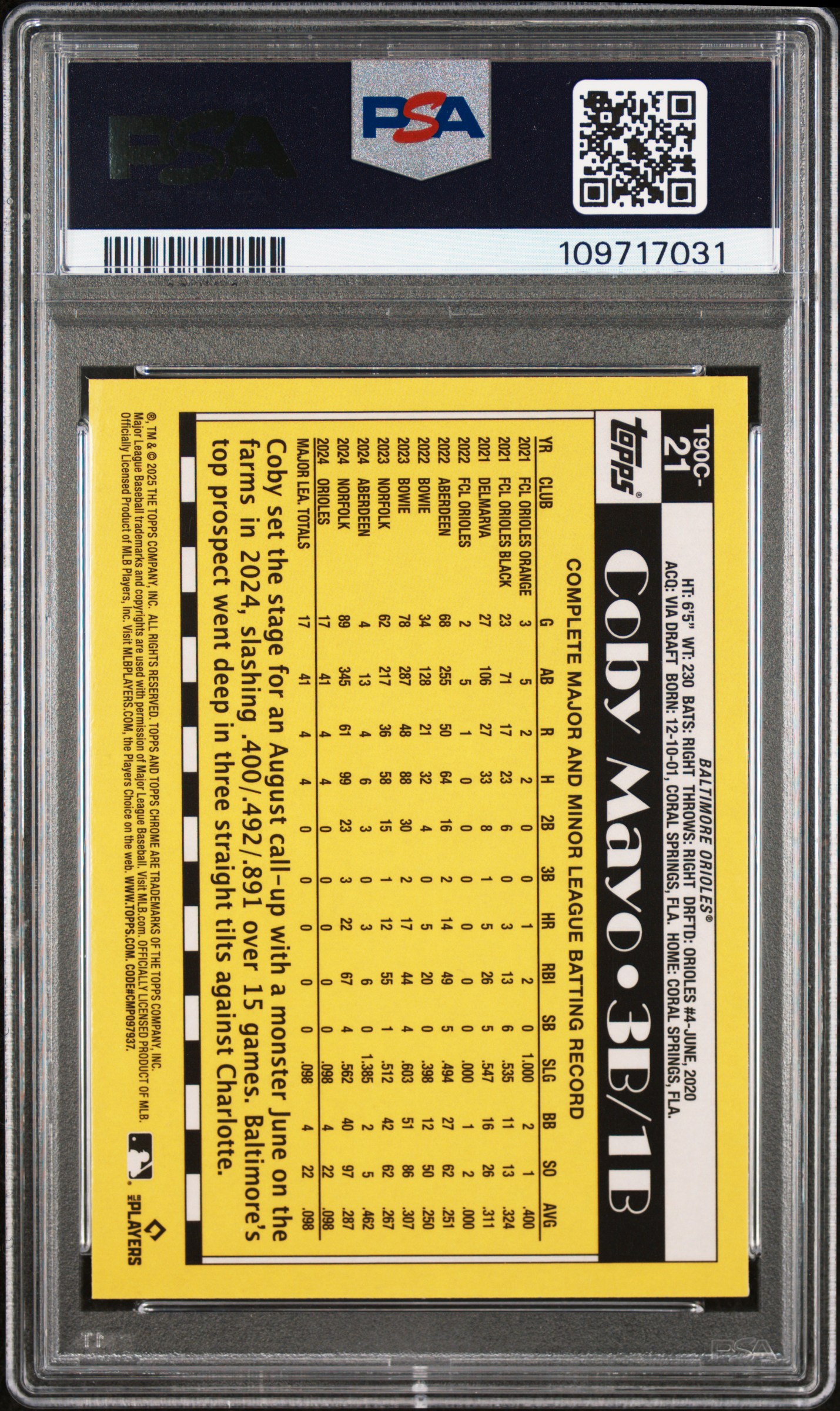 2025 Topps Silver Pack 1990 Chrome Promo Coby Mayo #21 (Green) Gem Mt 10 front