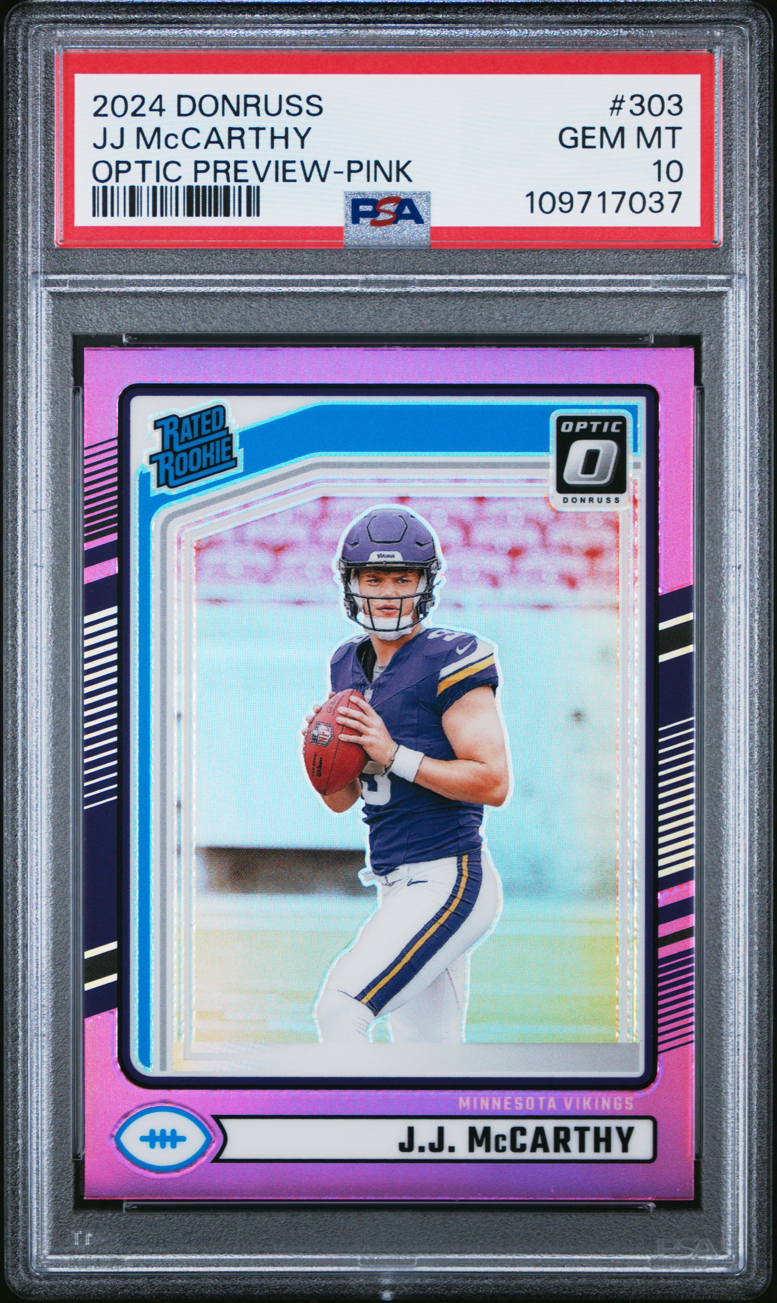 2024 Panini Donruss Jj Mccarthy #303 (Optic Preview-Pink) Gem Mt 10 back
