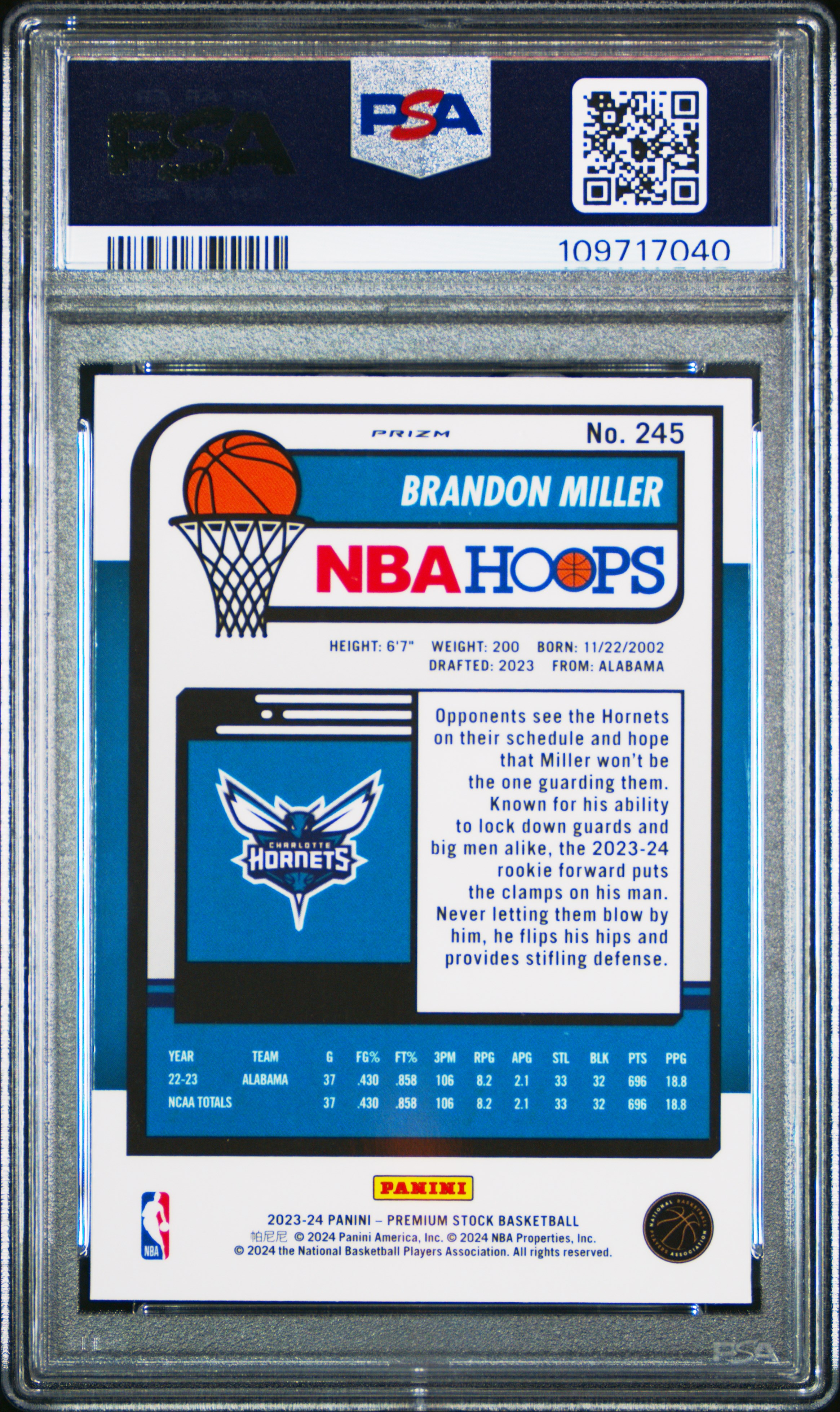 2023 Panini Hoops Premium Stock Brandon Miller #245 (Silver Prizm) Gem Mt 10 front