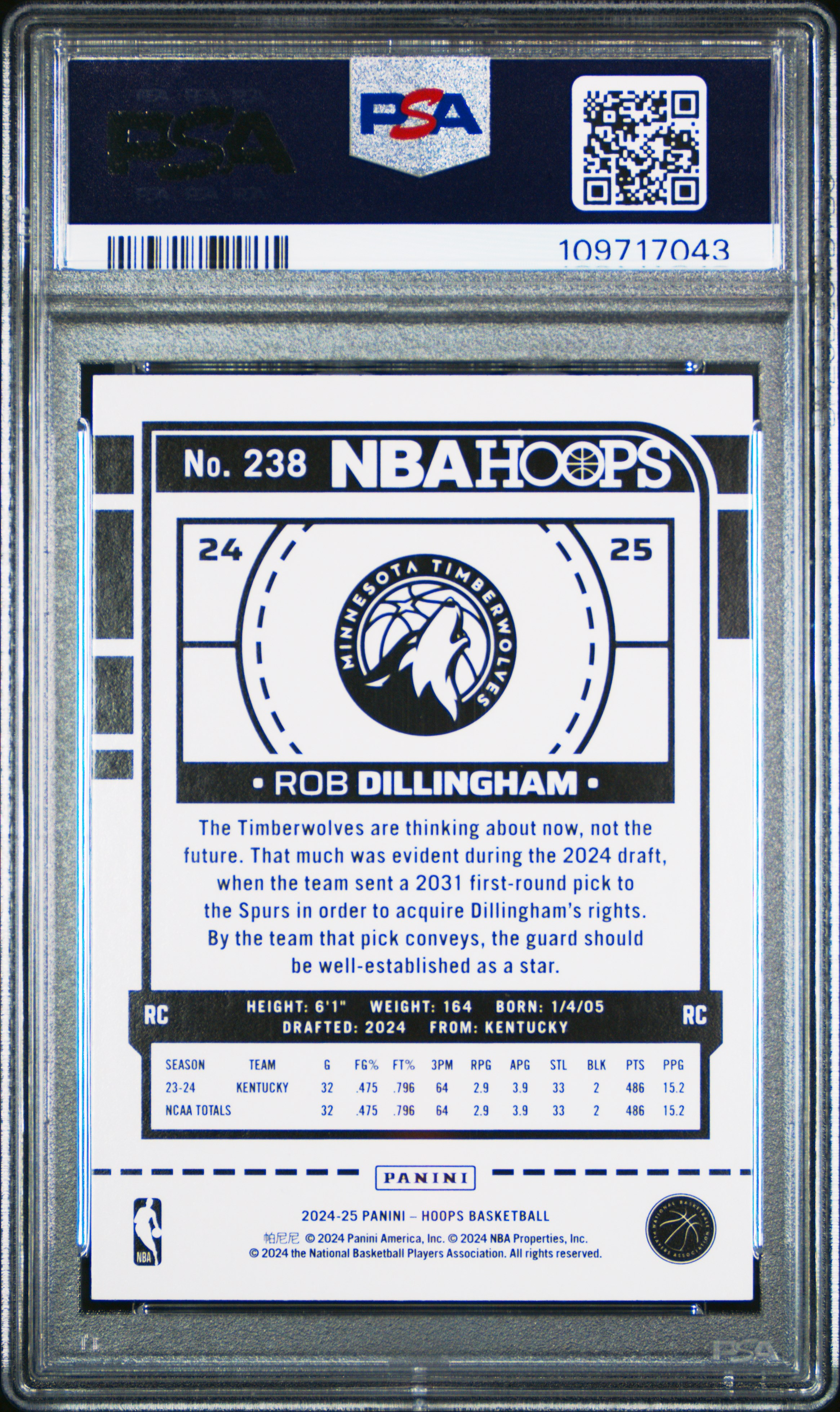2024 Panini Nba Hoops Rob Dillingham #238 (Texture) Mint 9 front