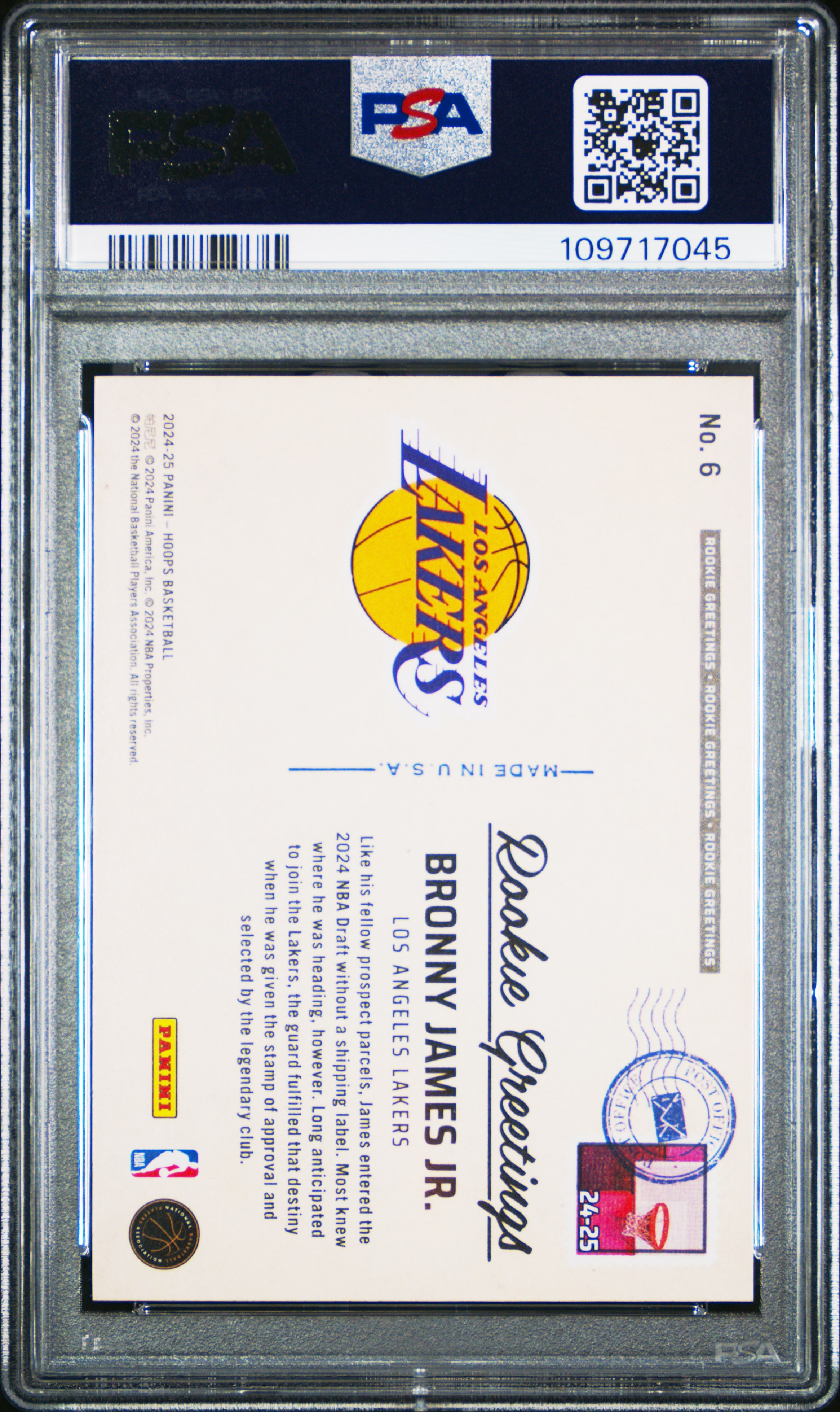 2024 Panini Nba Hoops Rookie Greetings Bronny James Jr. #6 (Rookie Greetings-Holo) Mint 9 front