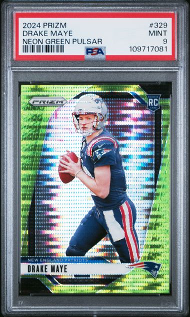 2024 Panini Prizm Drake Maye #329 (Neon Green Pulsar) Mint 9 front
