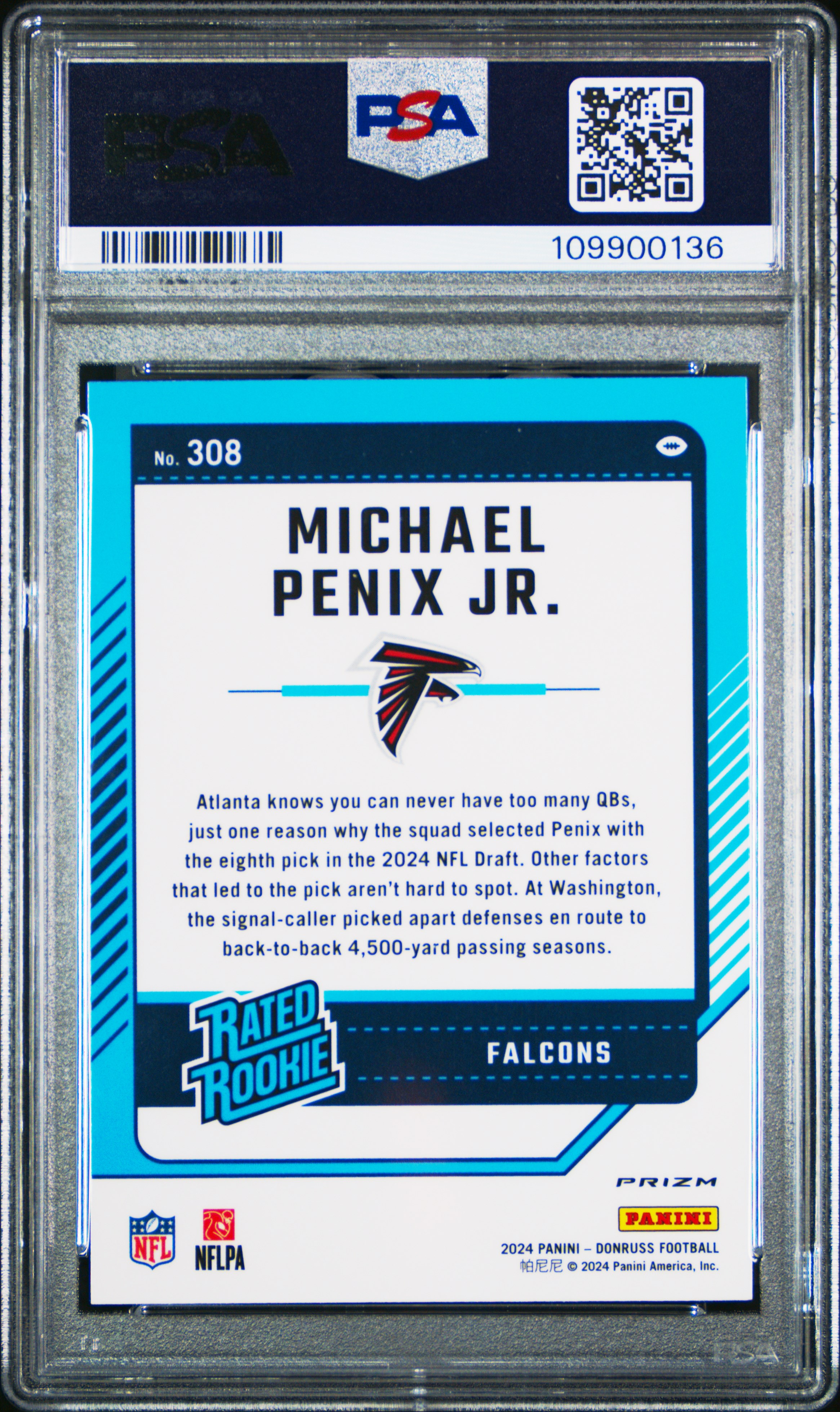 2024 Panini Donruss Michael Penix Jr. #308 (Optic Preview-Pink) Gem Mt 10 front