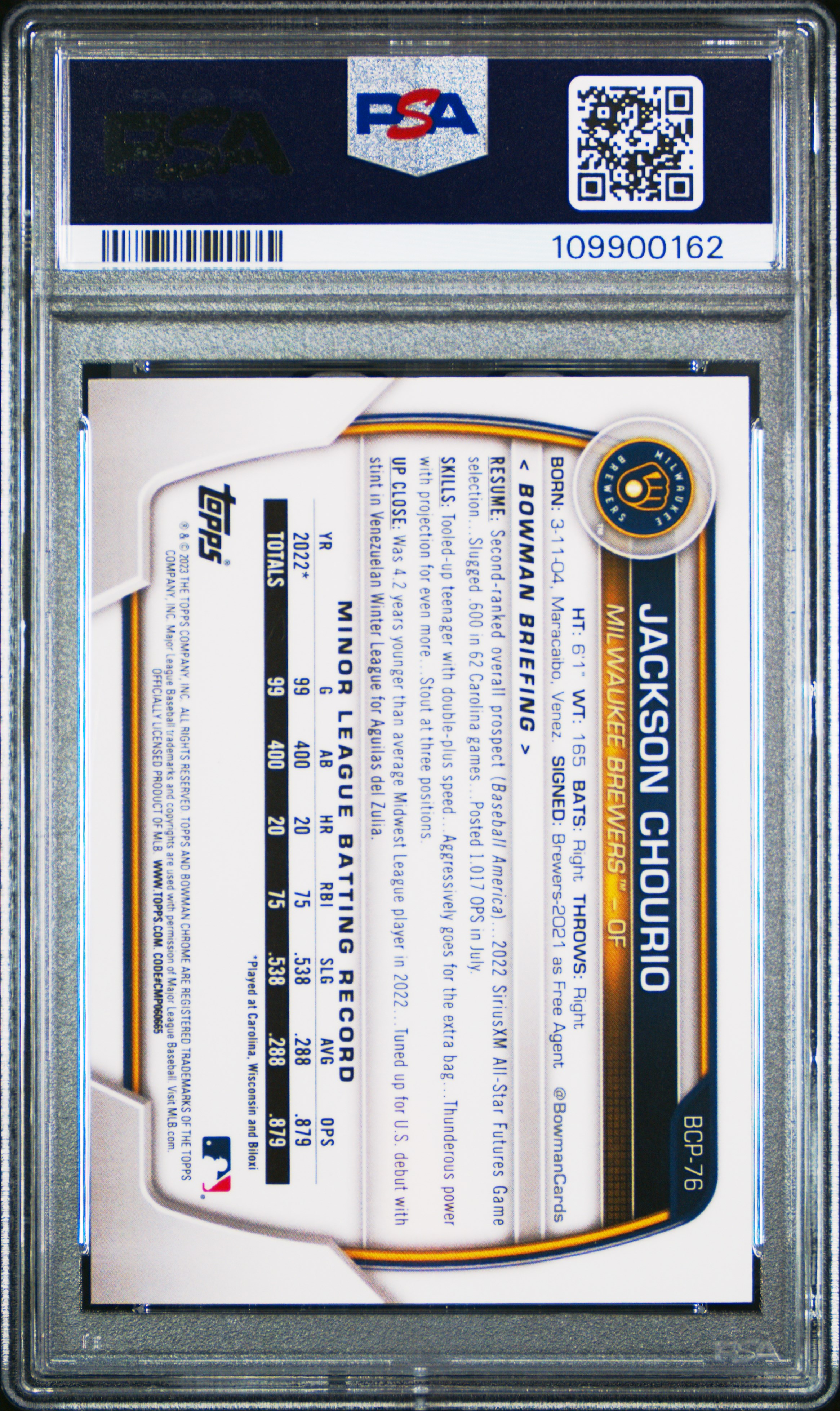 2023 Bowman Chrome Prospects Jackson Chourio #Bcp76 (Chrome Prospects-Lava Ref) Mint 9 front