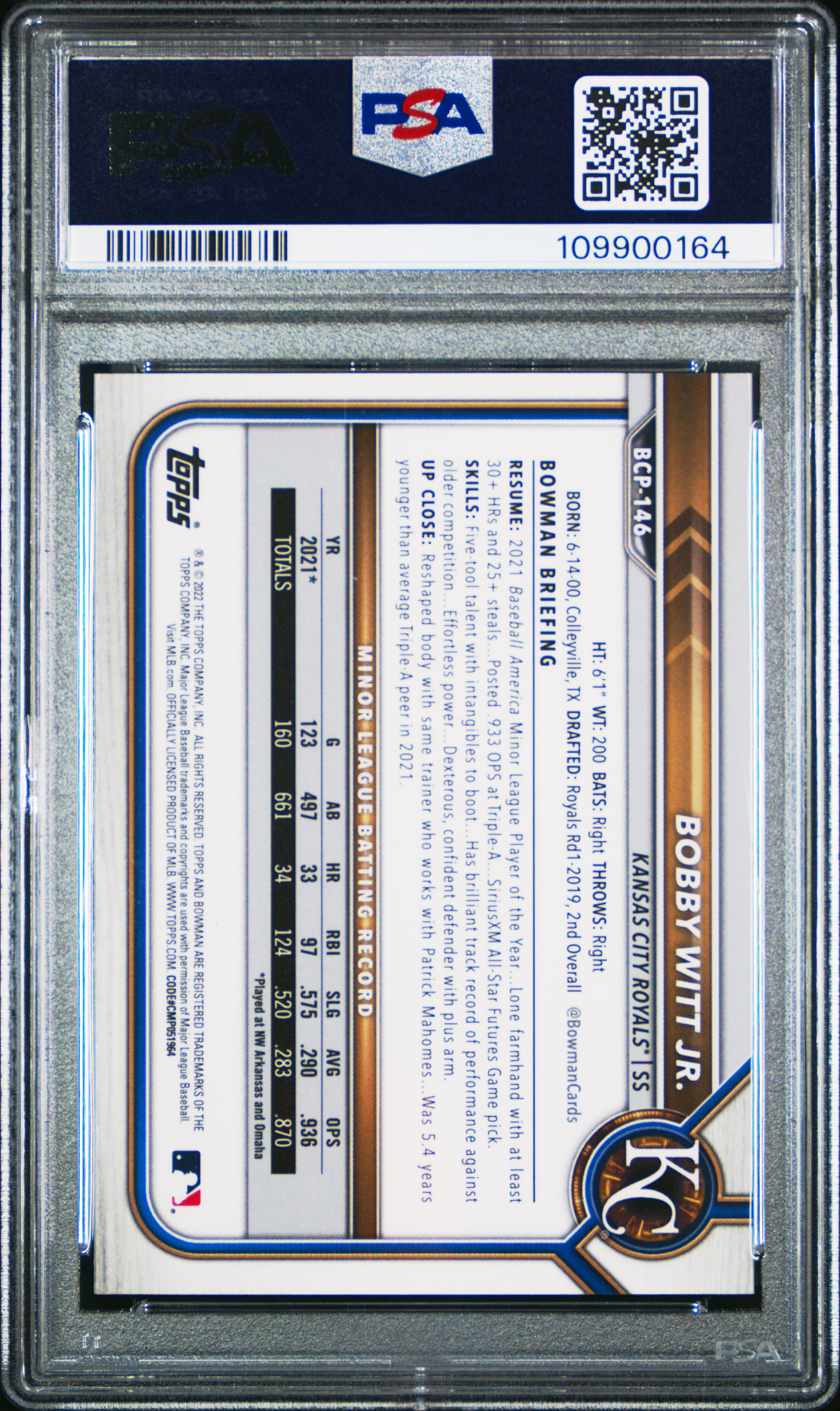 2022 Bowman Sapphire Edition Chrome Prospects Bobby Witt Jr. #Bcp146 (Chrome Prospects) Gem Mt 10 front