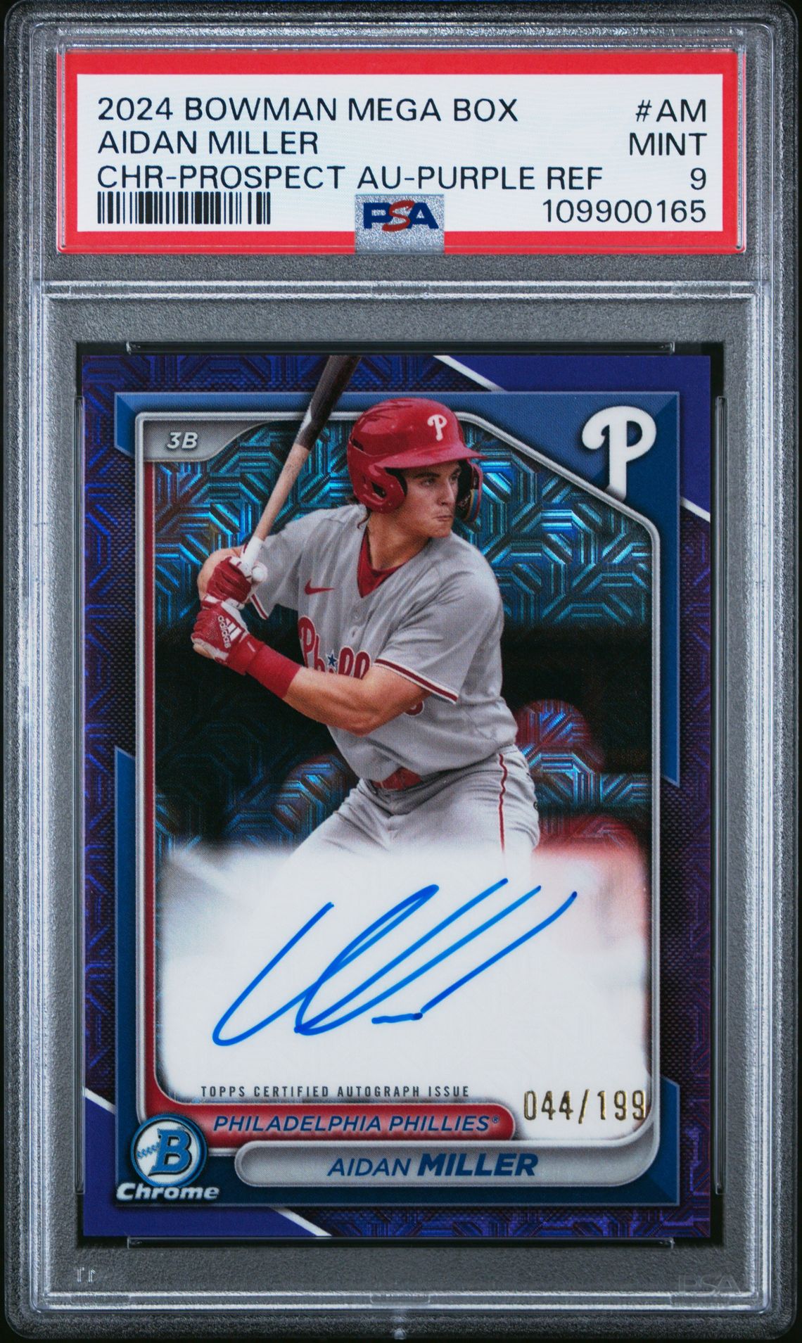2024 Bowman Mega Box Chrome Bowman Prospect Mega Autographs Aidan Miller #Am (Chr-Prospect Au-Purple Ref) Mint 9 front