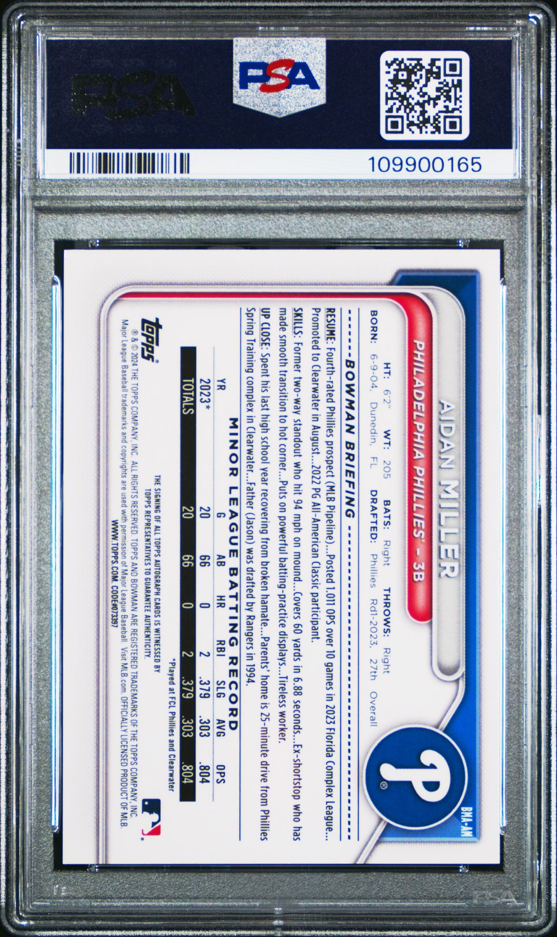 2024 Bowman Mega Box Chrome Bowman Prospect Mega Autographs Aidan Miller #Am (Chr-Prospect Au-Purple Ref) Mint 9 back