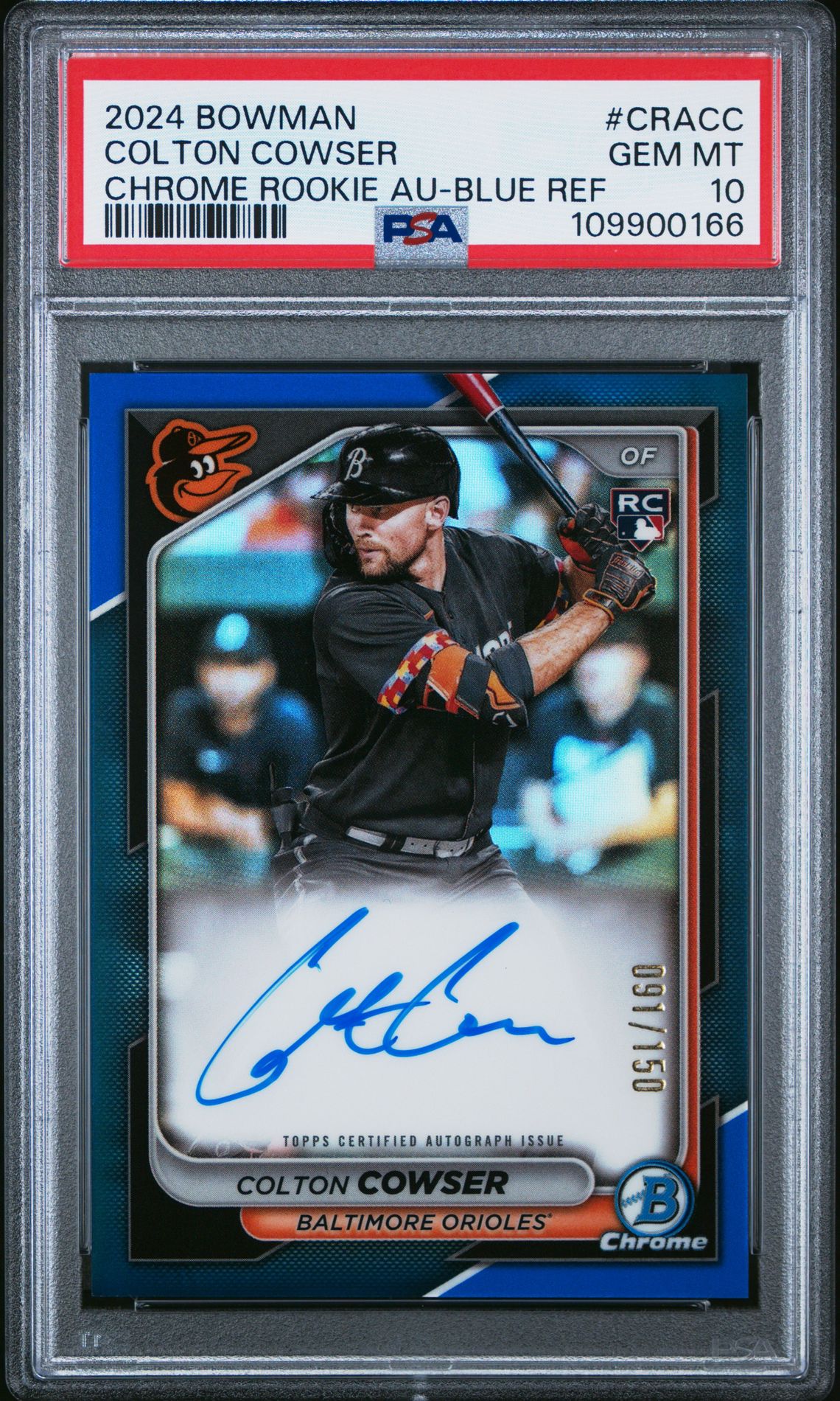 2024 Bowman Chrome Rookie Autographs Colton Cowser #Cracc (Chrome Rookie Au-Blue Ref) Gem Mt 10 front