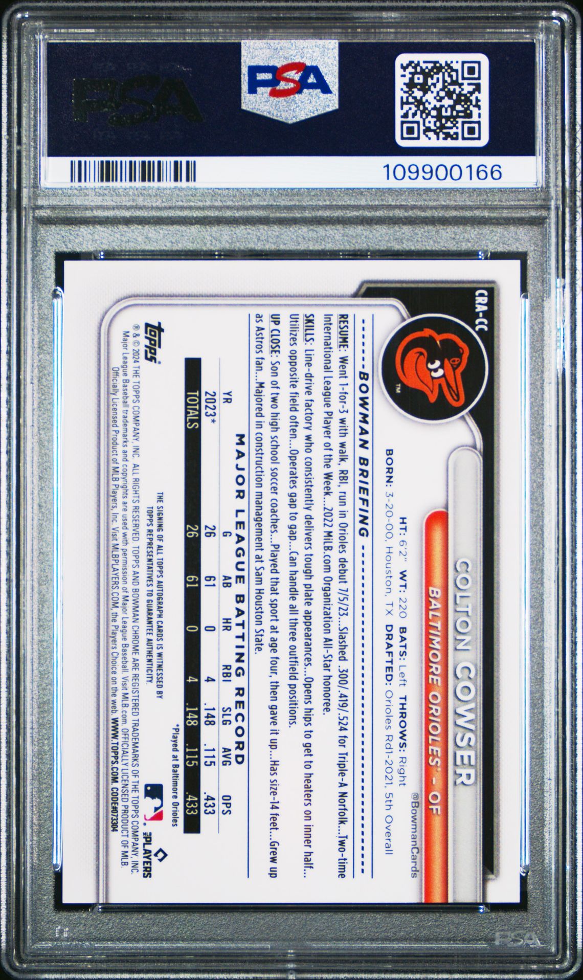 2024 Bowman Chrome Rookie Autographs Colton Cowser #Cracc (Chrome Rookie Au-Blue Ref) Gem Mt 10 back