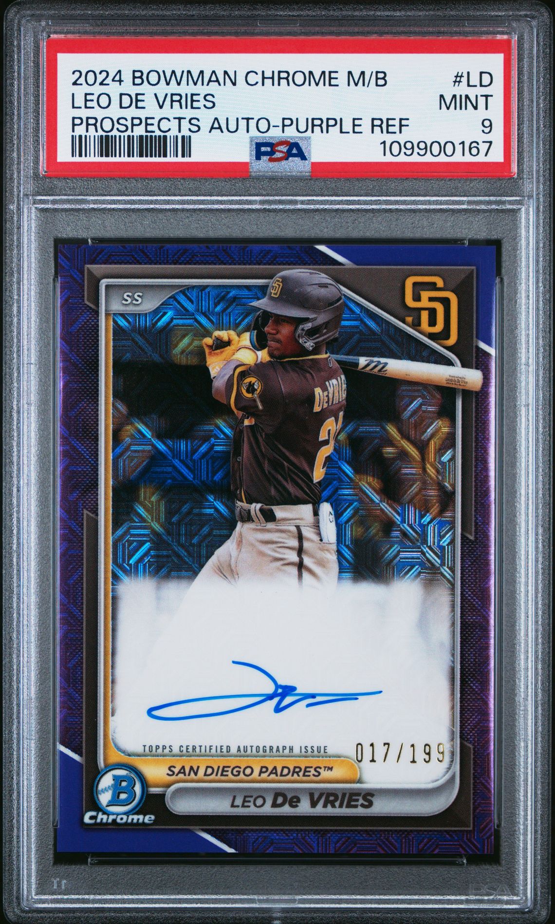 2024 Bowman Mega Box Chrome Bowman Prospect Mega Autographs Leo De Vries #Ld (Prospects Auto-Purple Ref) Mint 9 front
