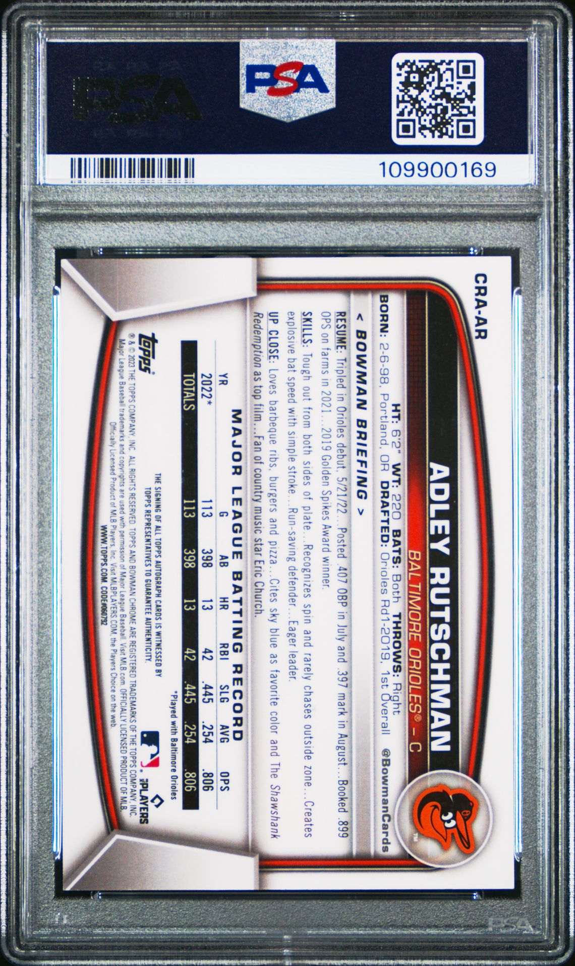 2023 Bowman Chrome Rookie Autographs Adley Rutschman #Craar (Chrome Rookie Au-Green Ref) Mint 9 back