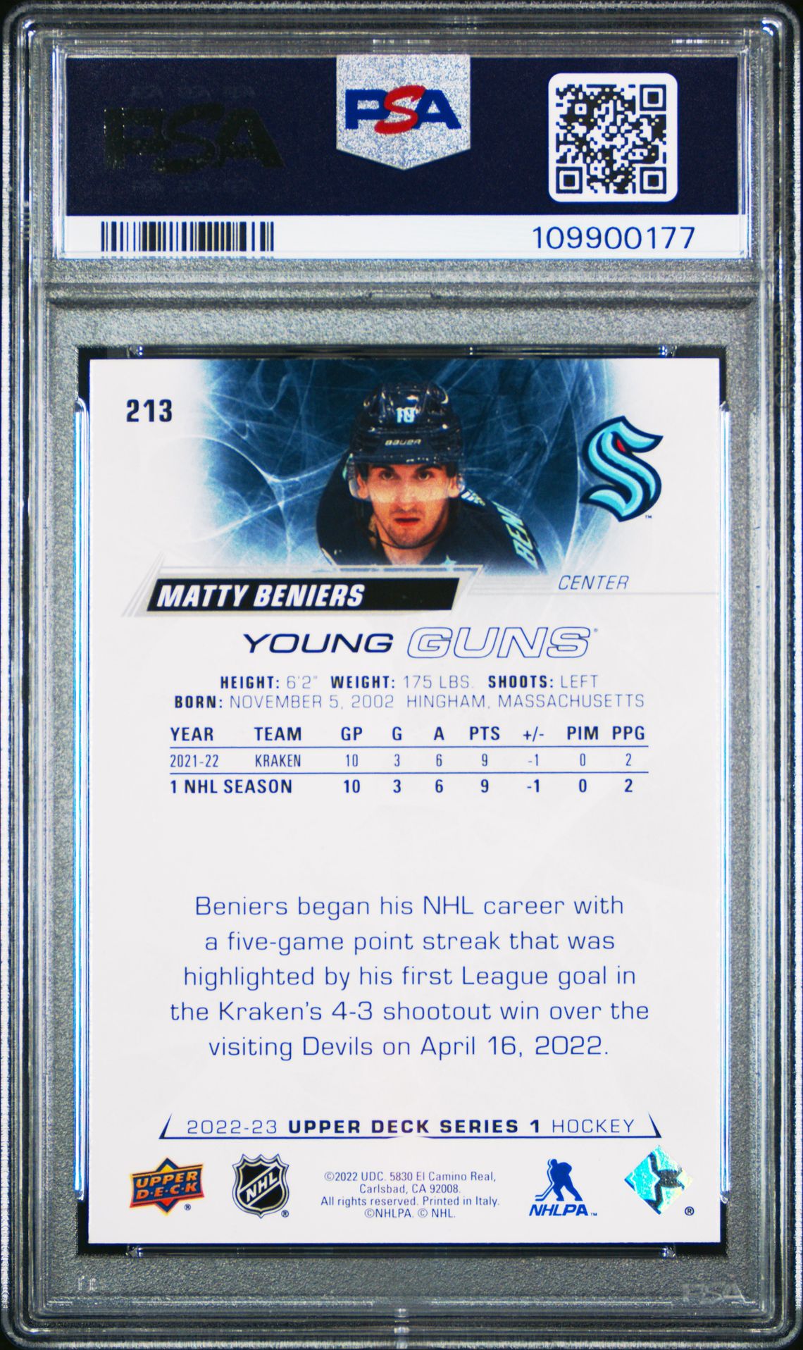 2022 Upper Deck Matty Beniers #213 (Silver Foil) Mint 9 back