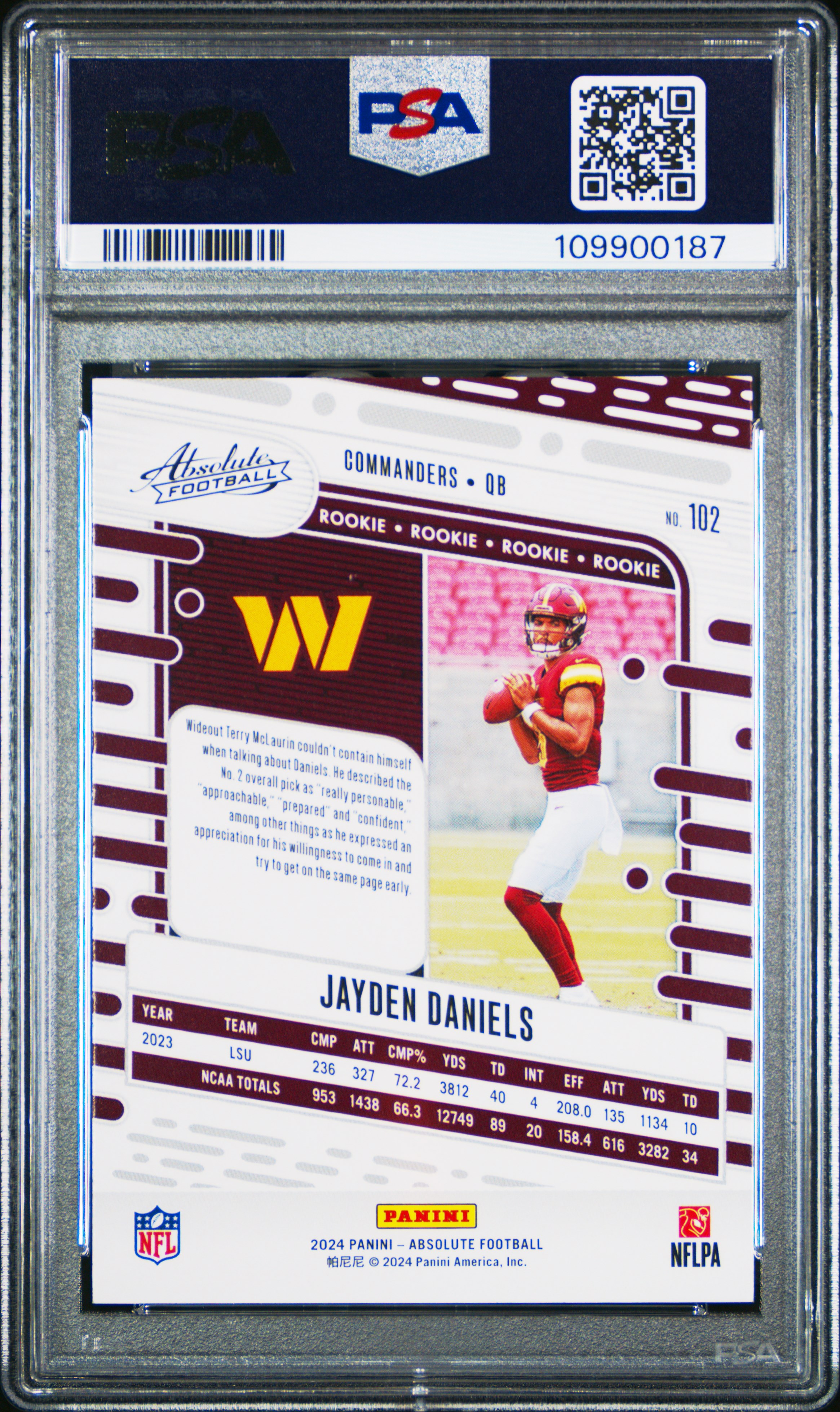 2024 Panini Absolute Jayden Daniels #102 (Red / White / Blue Kaleidoscope) Mint 9 front