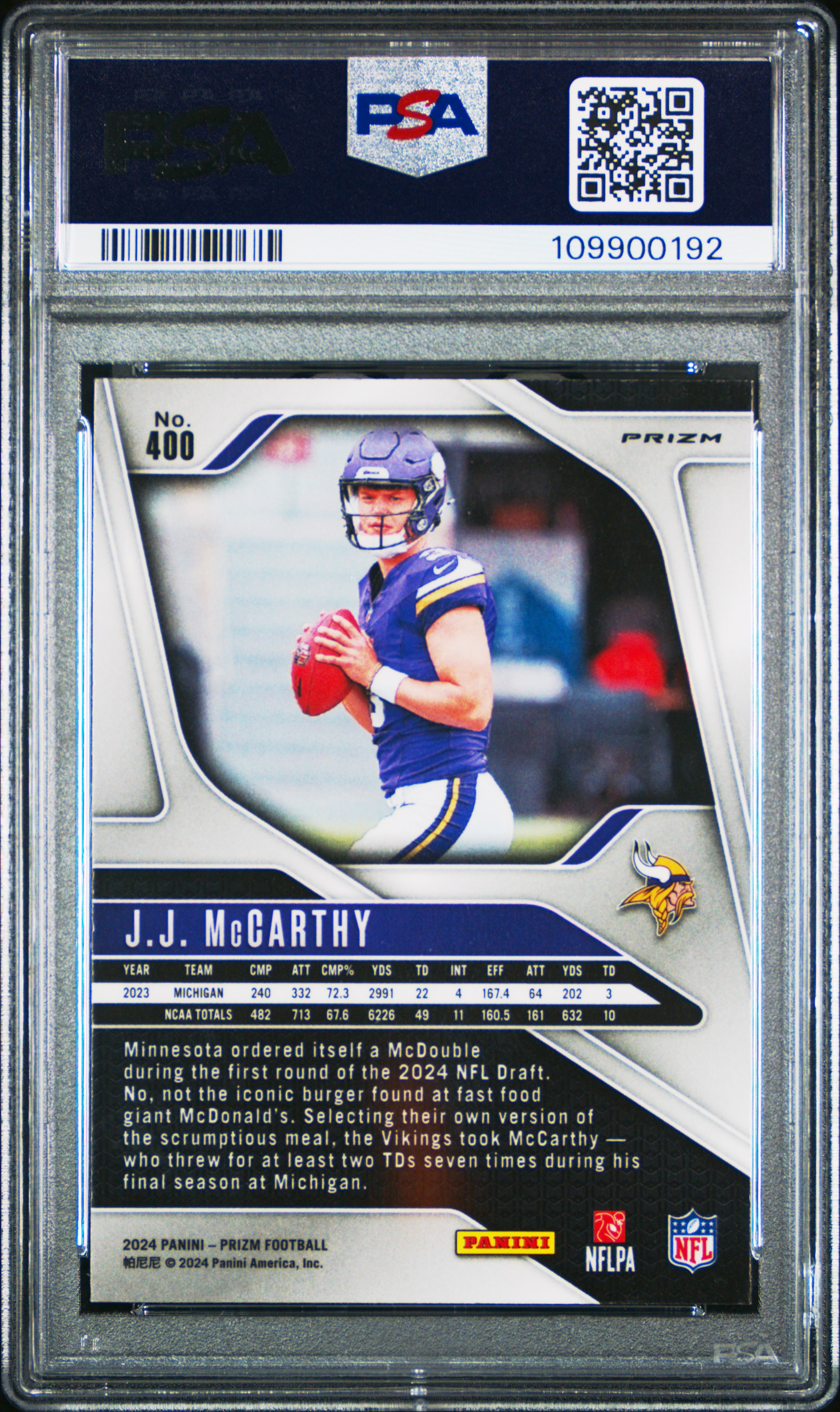 2024 Panini Prizm Jj Mccarthy #400 (Silver Prizm) Gem Mt 10 front