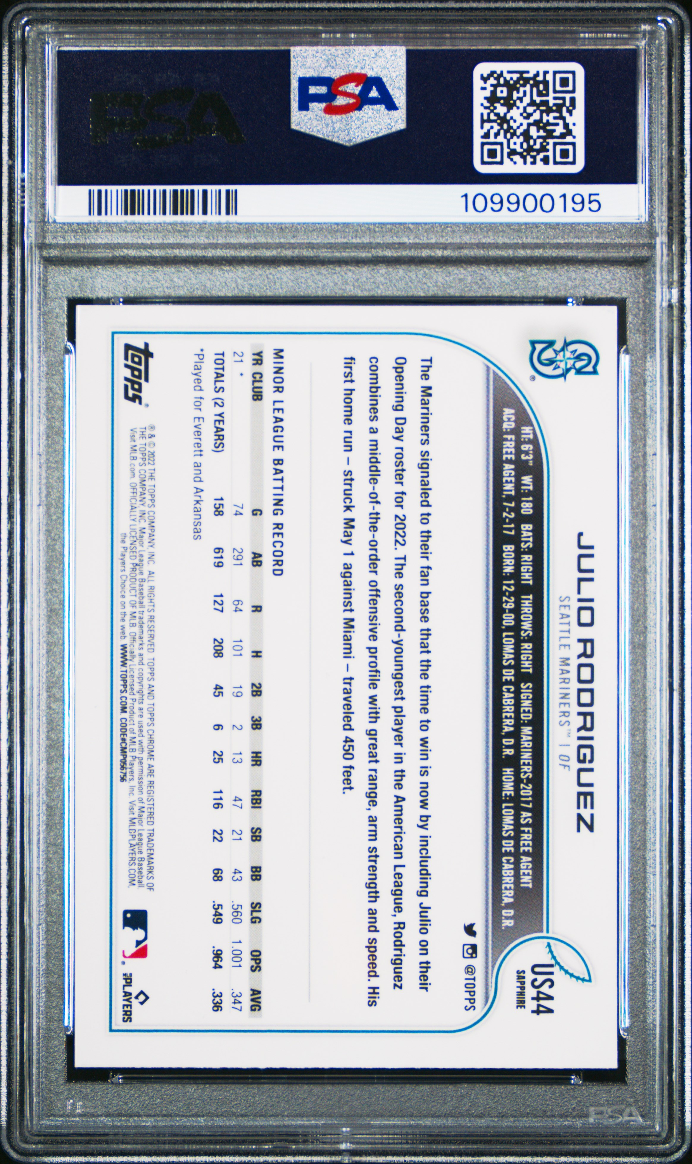 2022 Topps Chrome Update Sapphire Edition Julio Rodriguez #44 Mint 9 front