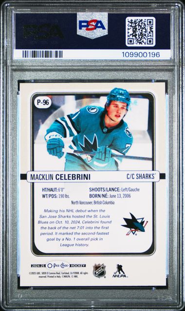 2024 Upper Deck O-Pee-Chee O-Pee-Chee Premier Macklin Celebrini #P96 (O-Pee-Chee Premier) Gem Mt 10 back