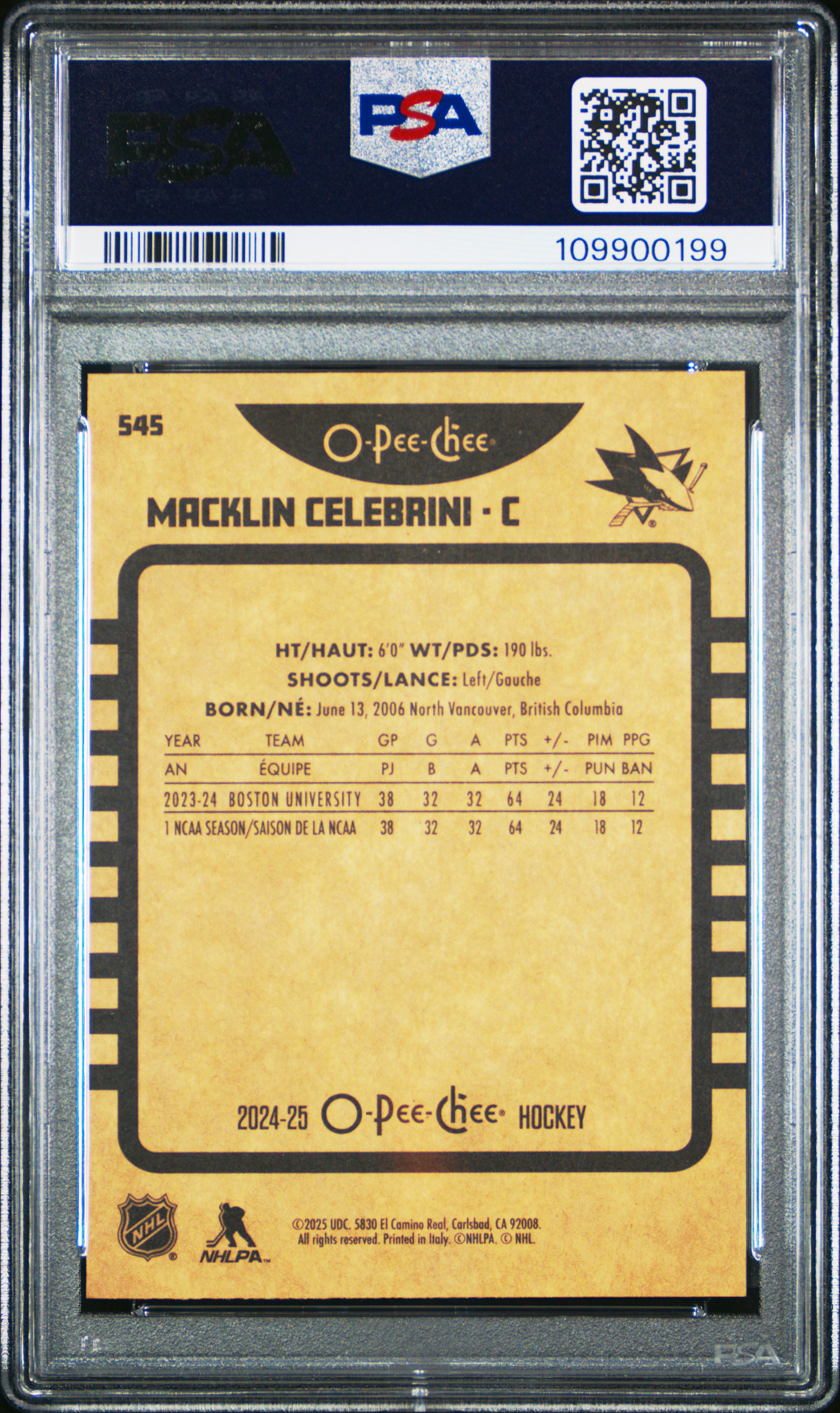 2024 Upper Deck O-Pee-Chee Macklin Celebrini #545 (Retro) Gem Mt 10 front