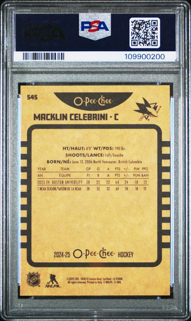 2024 Upper Deck O-Pee-Chee Macklin Celebrini #545 (Retro) Gem Mt 10 back