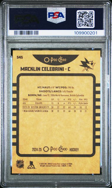 2024 Upper Deck O-Pee-Chee Macklin Celebrini #545 (Retro) Gem Mt 10 back