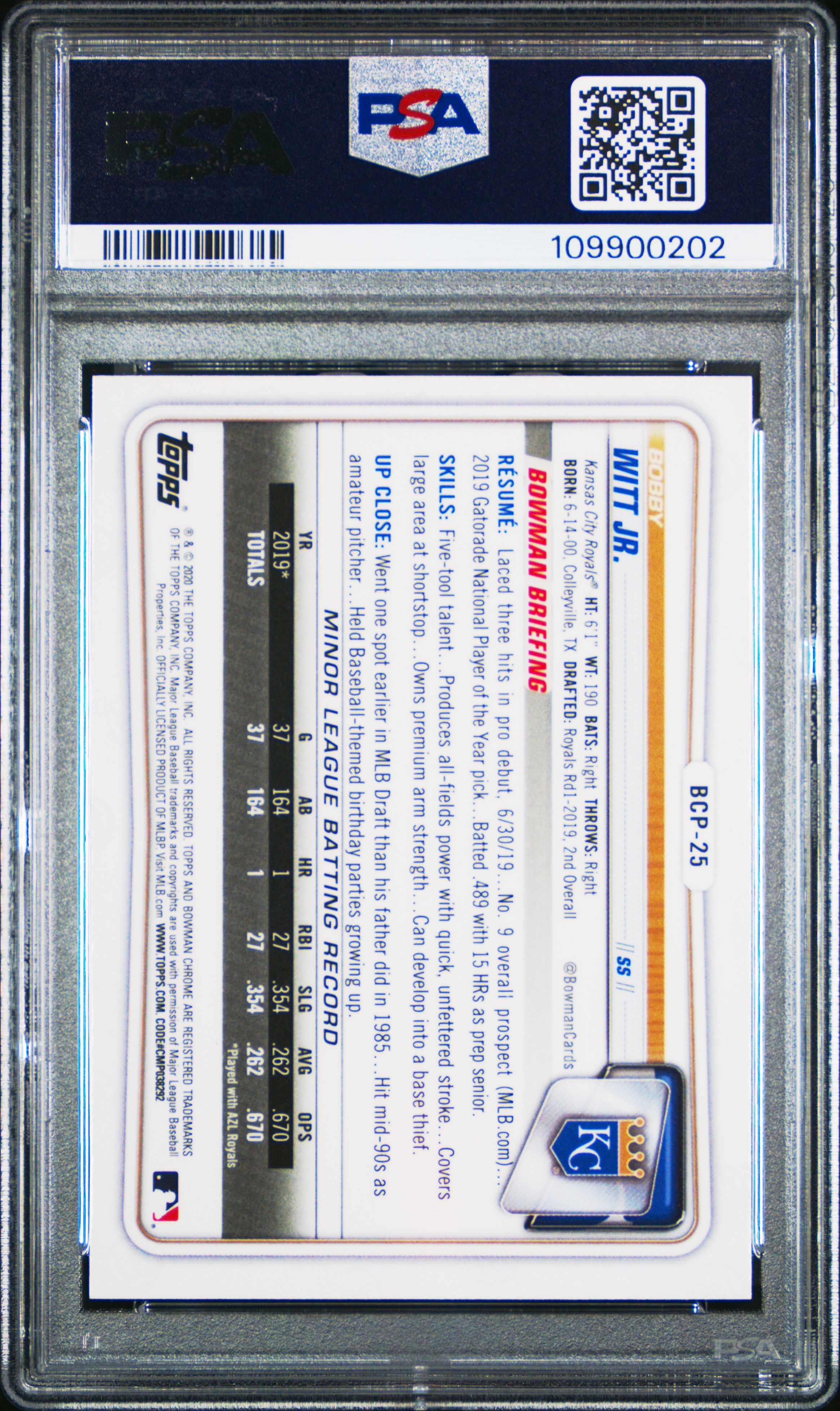 2020 Bowman Chrome Prospects Bobby Witt Jr. #Bcp25 (Prospects) Mint 9 front