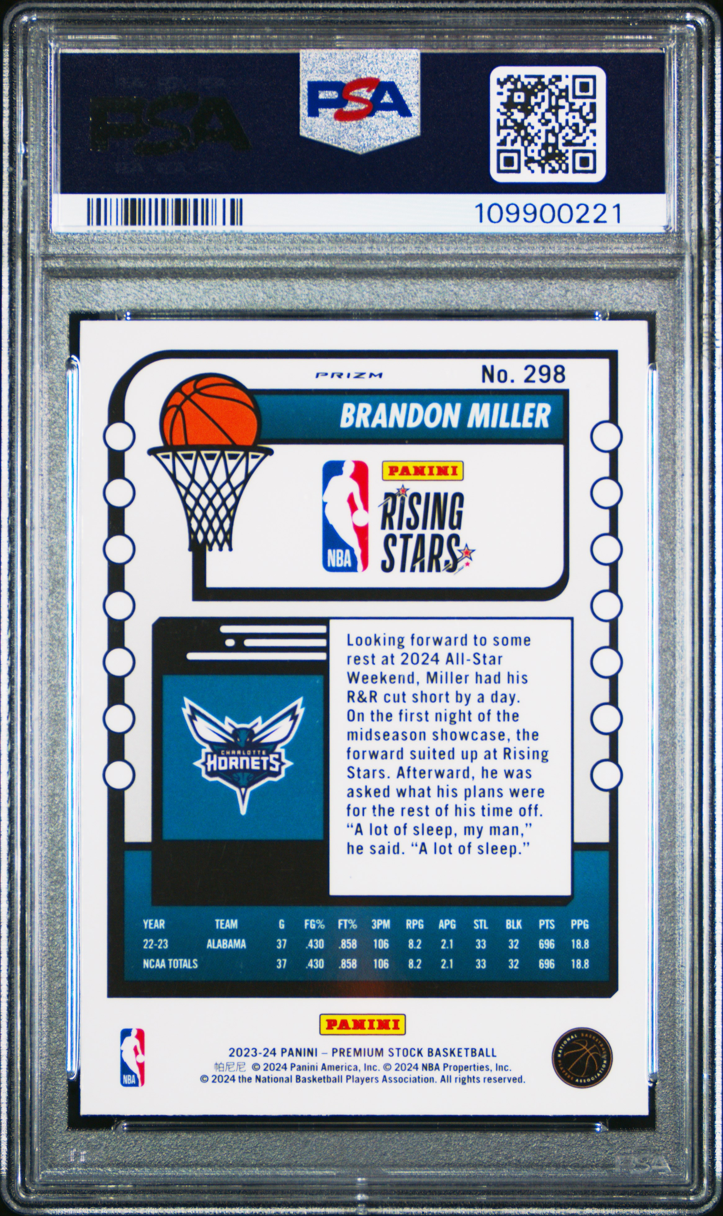 2023 Panini Hoops Premium Stock Brandon Miller #298 (Seismic Prizm) Gem Mt 10 front