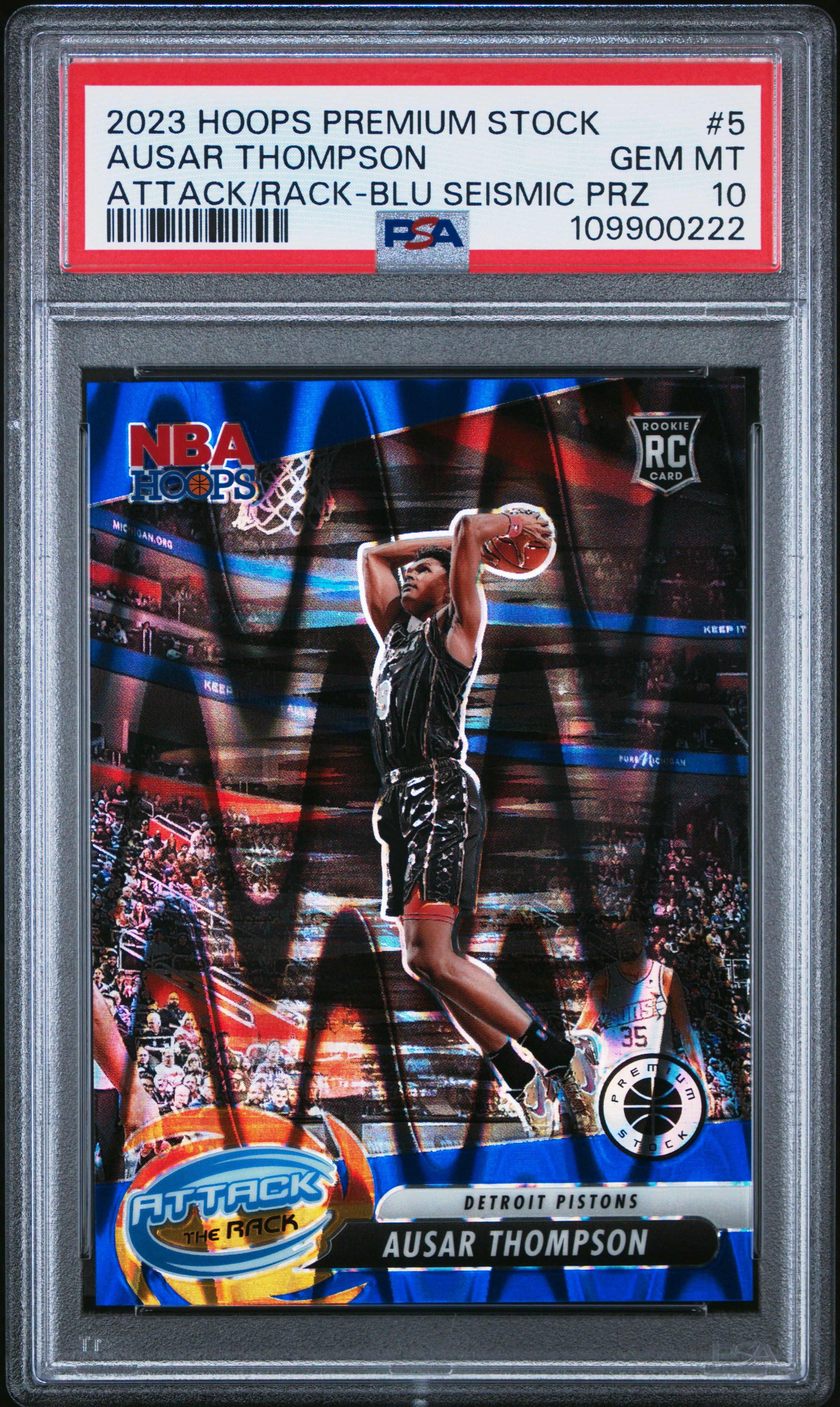 2023 Panini Hoops Premium Stock Attack The Rack Ausar Thompson #5 (Attack/Rack-Blu Seismic Prz) Gem Mt 10 back
